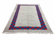 Gray Turkish Kilim Carpet 5' 7" x 7' 7", Medium Kilim Rug, Hand-Knotted, Blue & Red Border, Minimalistic Design, Geometric, Wool, New