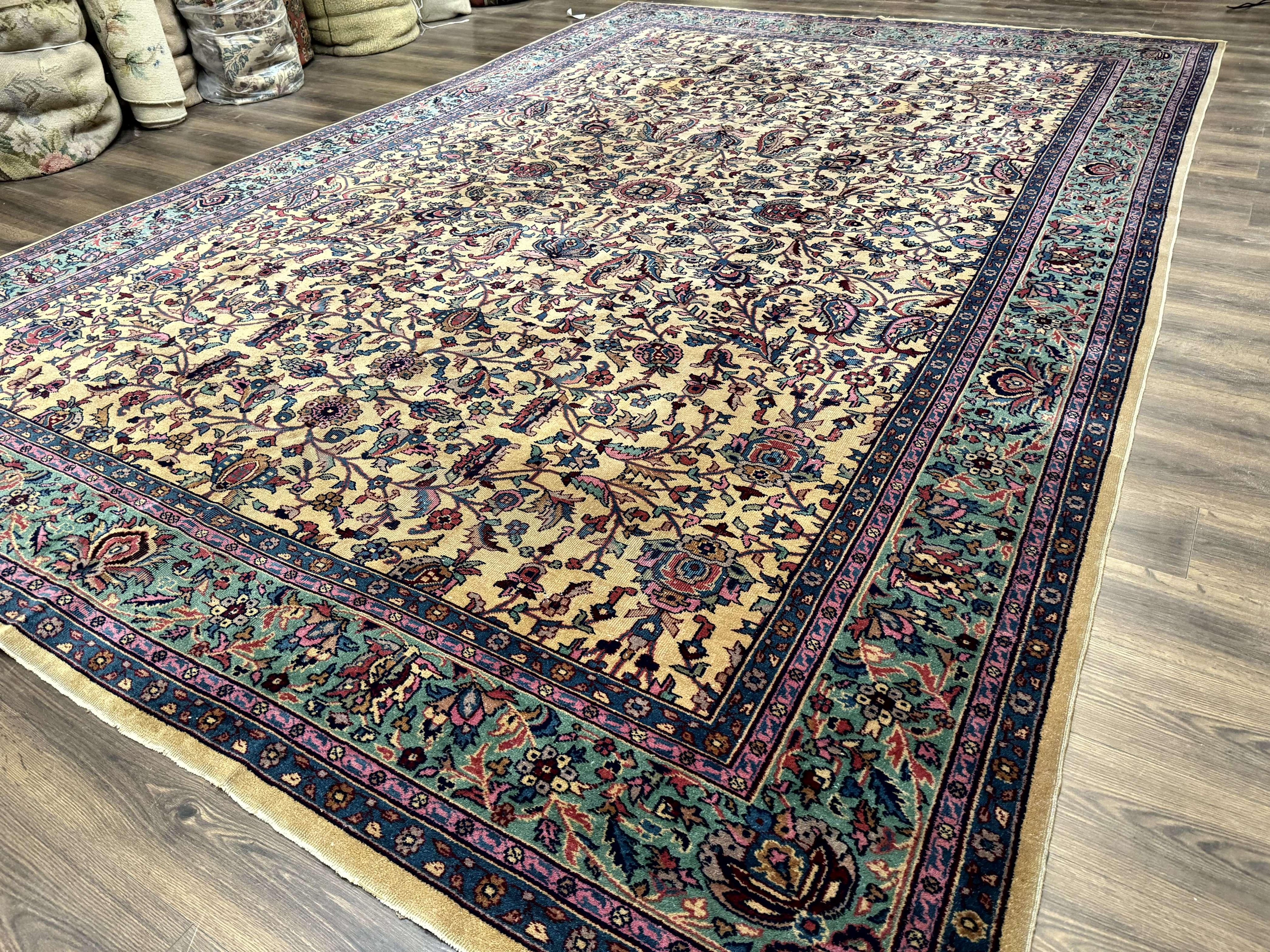 Antique Persian Rug 10x15, Camel and Cyan, Allover Pattern, Rare, Samarkand Rug