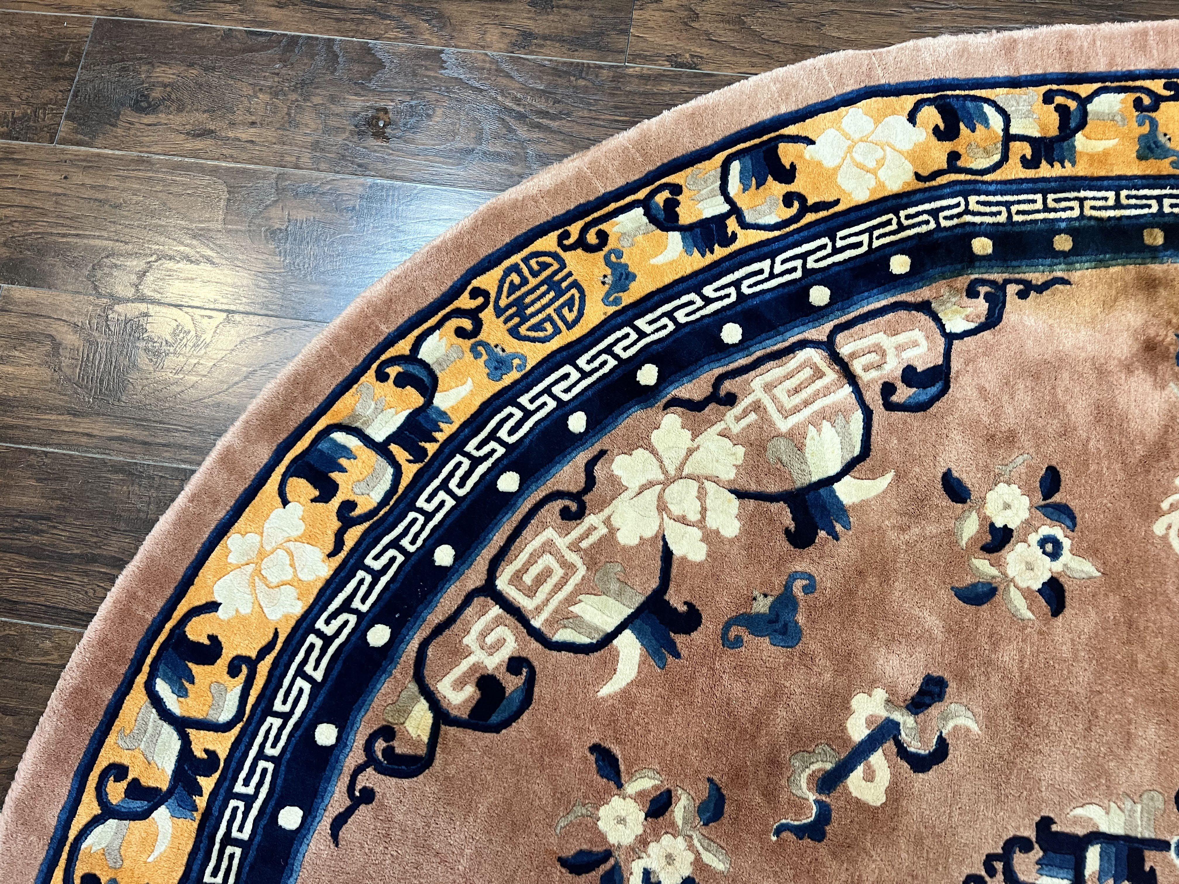Antique Round Chinese Wool Rug 8x8, Chinese Peking Carpet, Asian Oriental Carpet 8 x 8 ft, Chinese Art Deco Rug, Nichols Rug