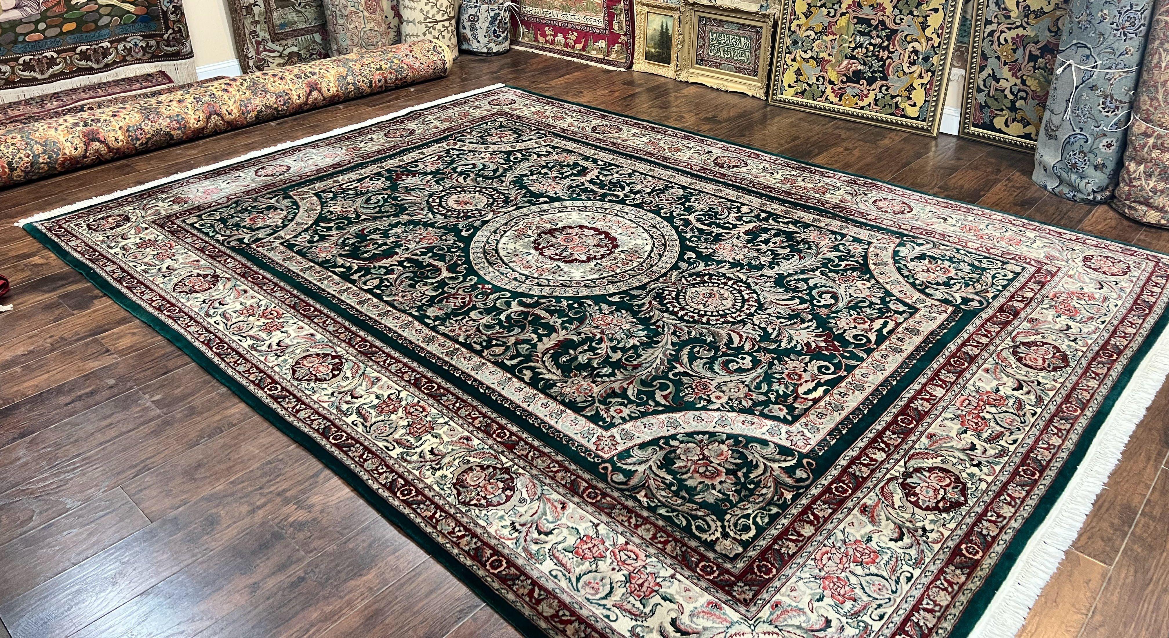 Pak Persian Rug 9x12, Dark Green and Cream, Floral Medallion, Elegant Handmade Wool Carpet 9 x 12