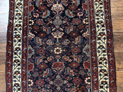 Navy Blue Antique Persian Rug 3x6, Blue and Ivory Persian Carpet, Handmade 1920s Hamadan Rug