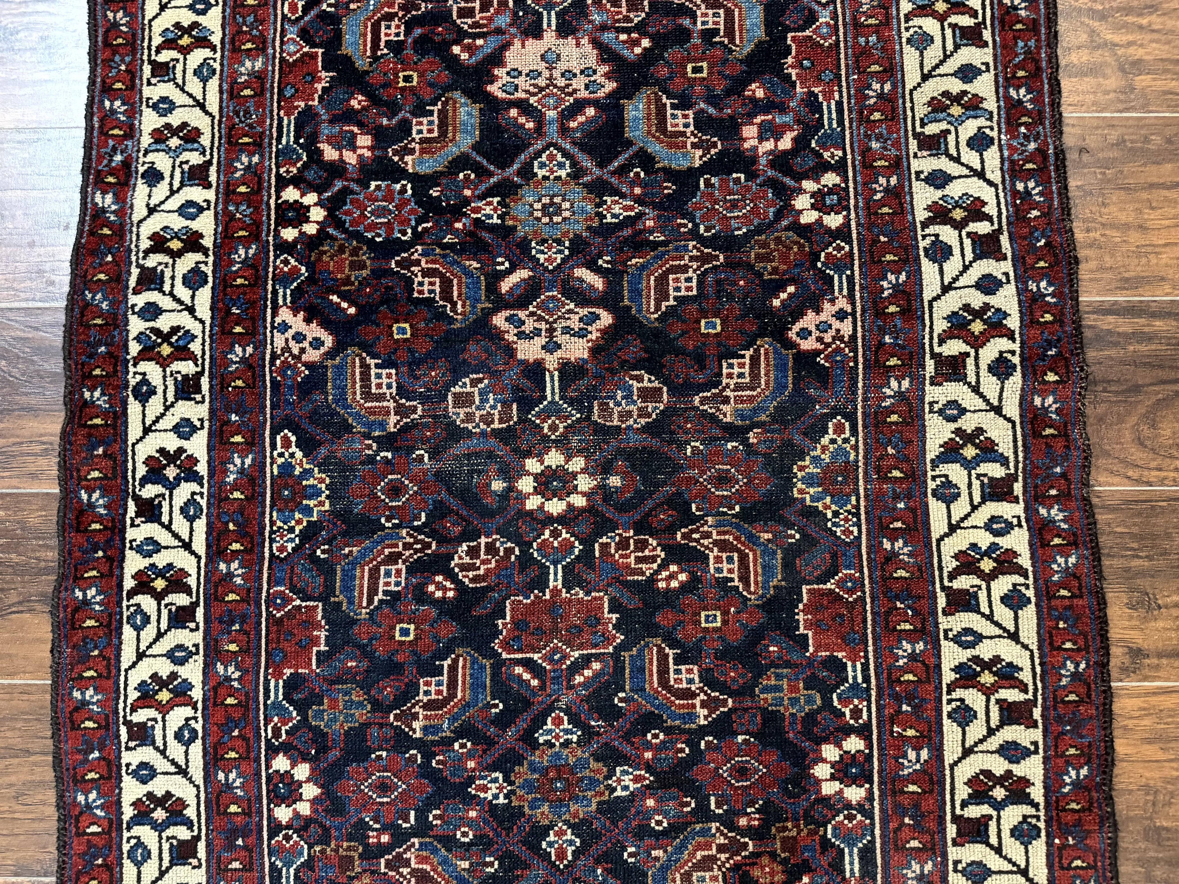 Navy Blue Antique Persian Rug 3x6, Blue and Ivory Persian Carpet, Handmade 1920s Hamadan Rug