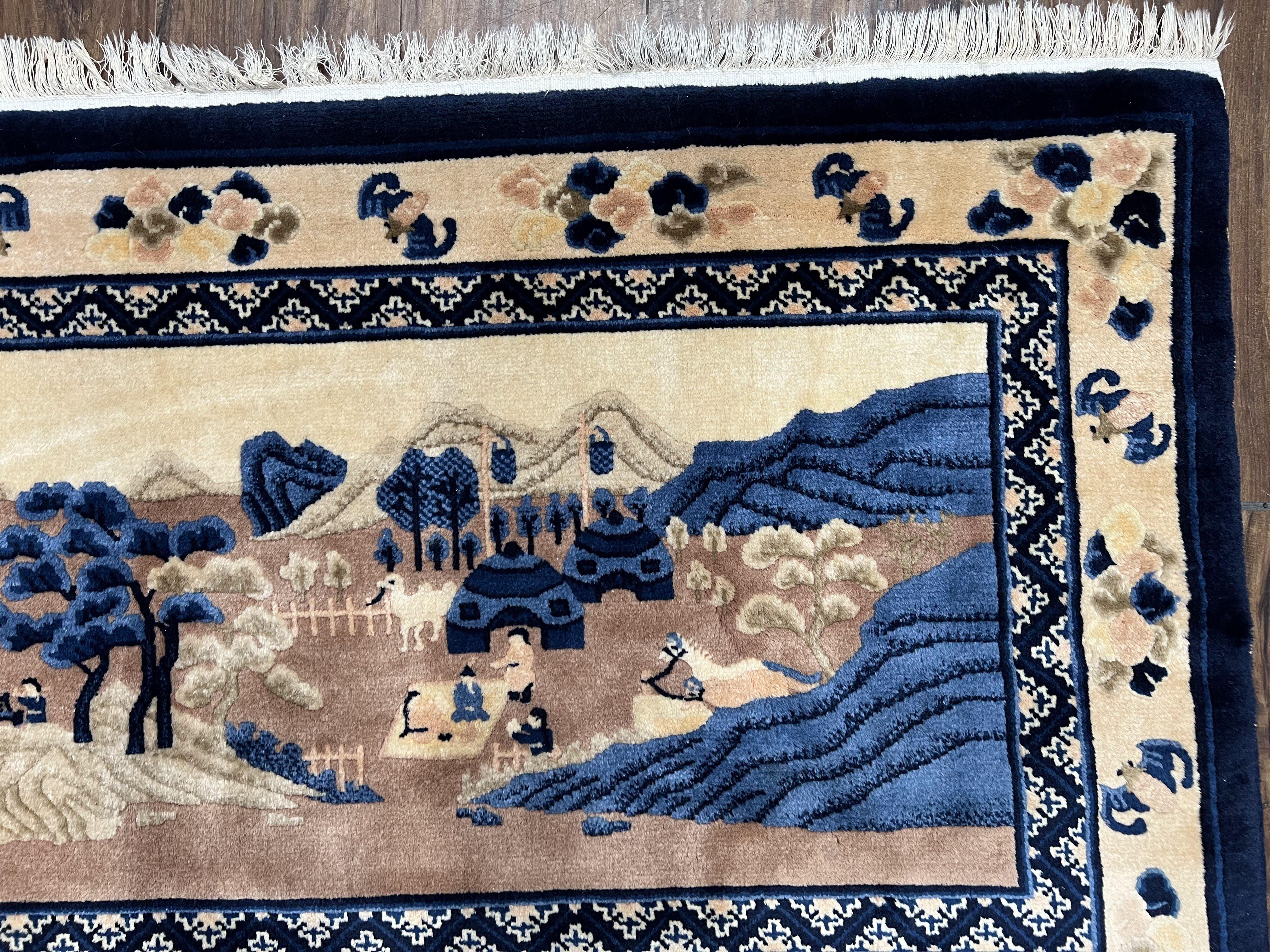 Antique Chinese Pictorial Rug 2.7 x 5, Chinese Village and Hills Carpet, Beige and Dark Blue, Handmade, Horizontal Rug Wall Hanging Tapestry