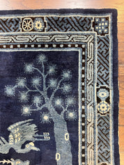 Antique Chinese Peking Rug 3x5, Dark Blue Chinese Wool Rug 3 x 5, Animal Pictorials Deer Birds, Handmade Asian Oriental Chinese Carpet