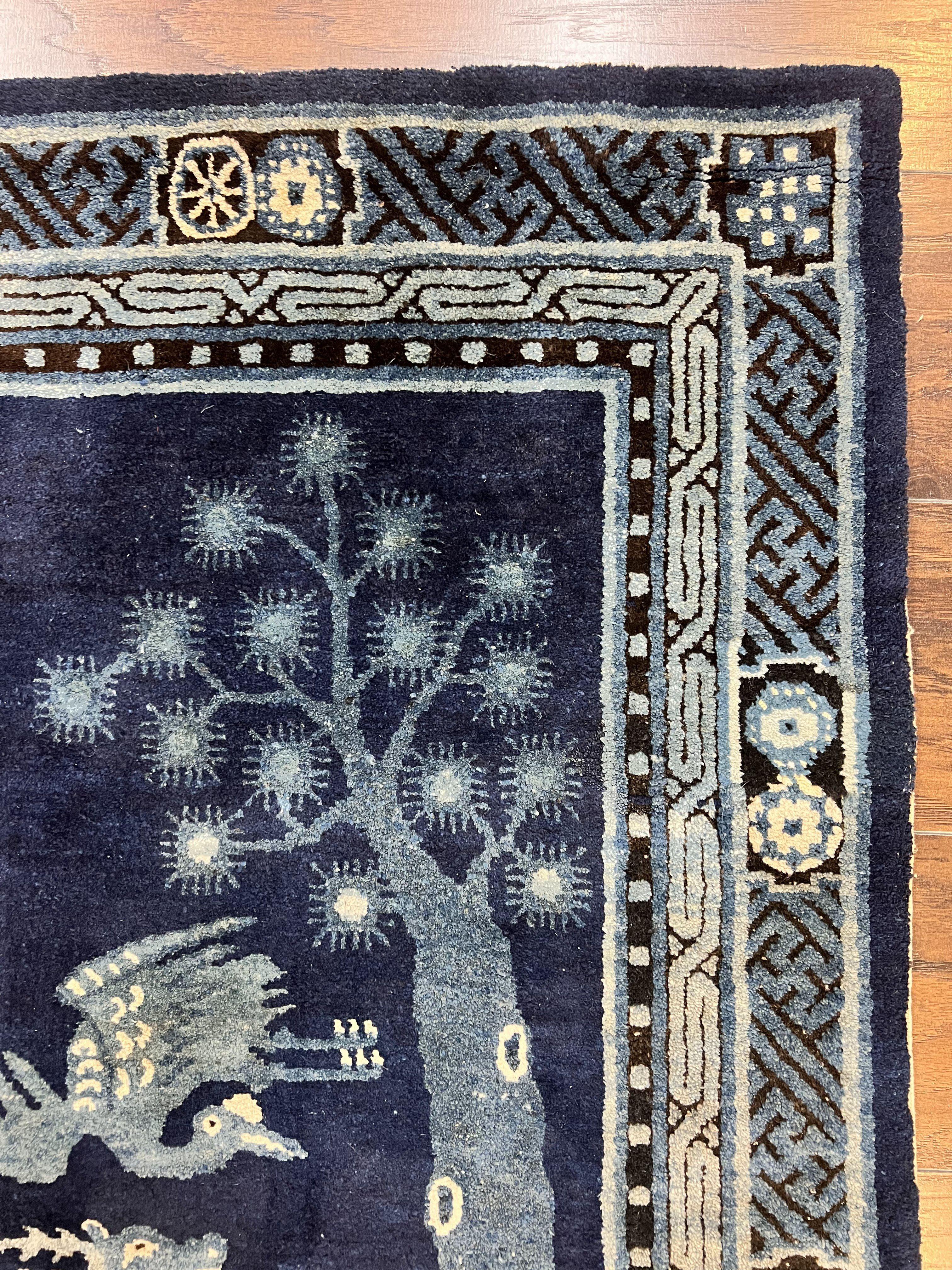 Antique Chinese Peking Rug 3x5, Dark Blue Chinese Wool Rug 3 x 5, Animal Pictorials Deer Birds, Handmade Asian Oriental Chinese Carpet