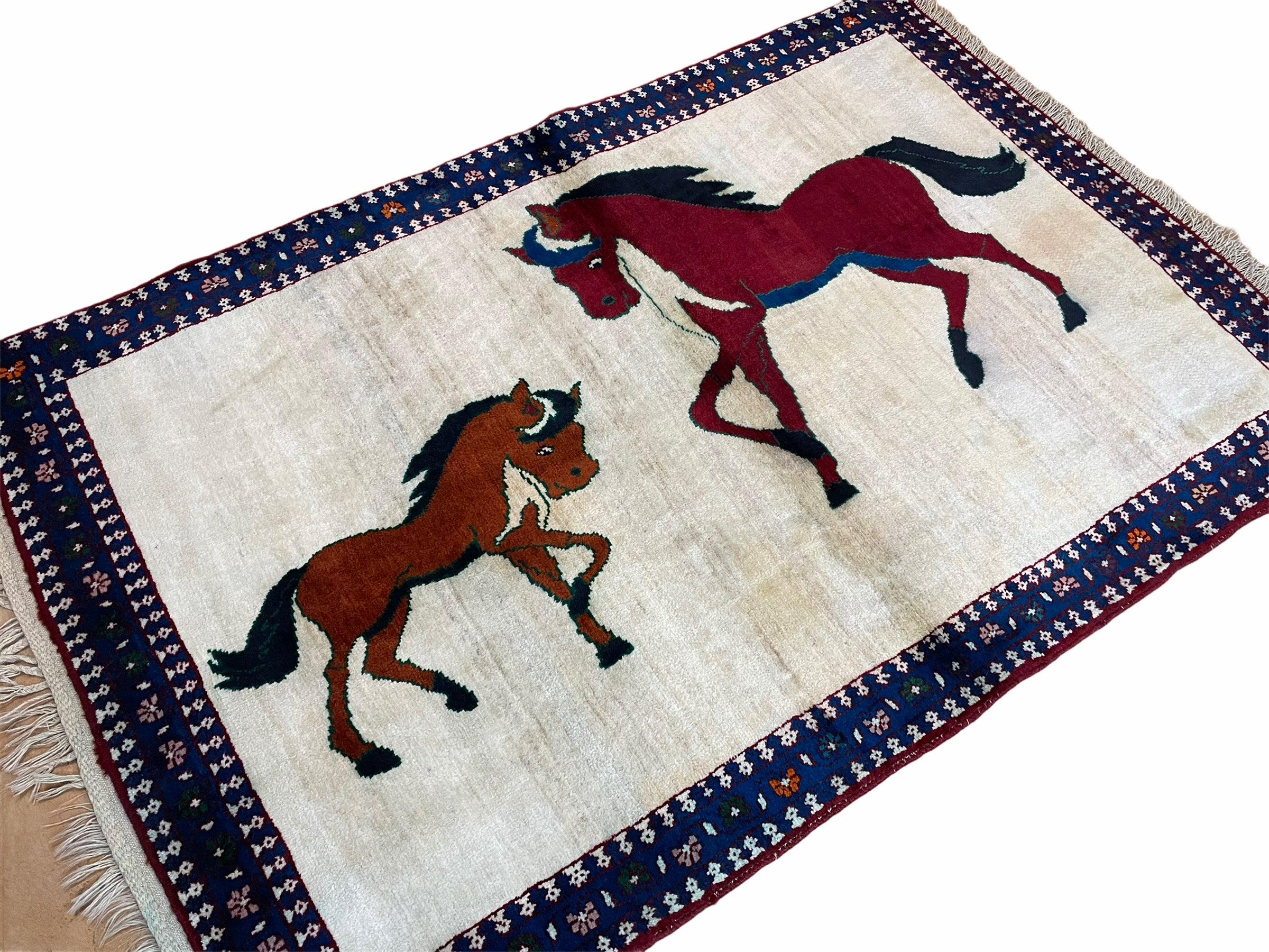 3.5 X 5 Handmade Hand-Knotted Quality Wool Pictorial Brown Horses Animal Rug