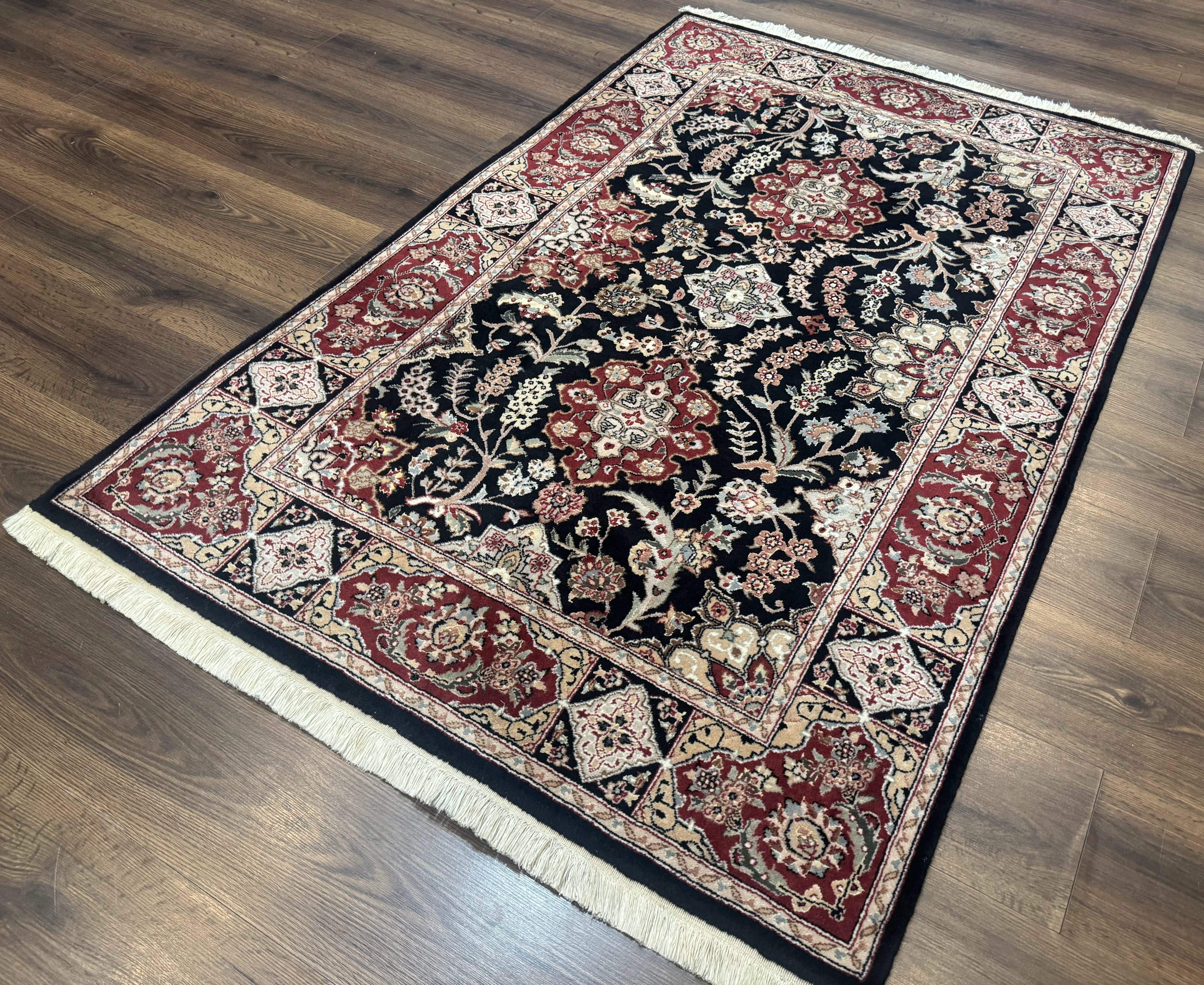 Pak Persian Rug 4x6, Black and Burgundy, Floral Allover, Wool and Silk