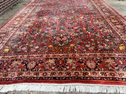 Large Antique Persian Sarouk Rug 11x18, Red, Floral Allover, Palace Size Wool Handmade Carpet