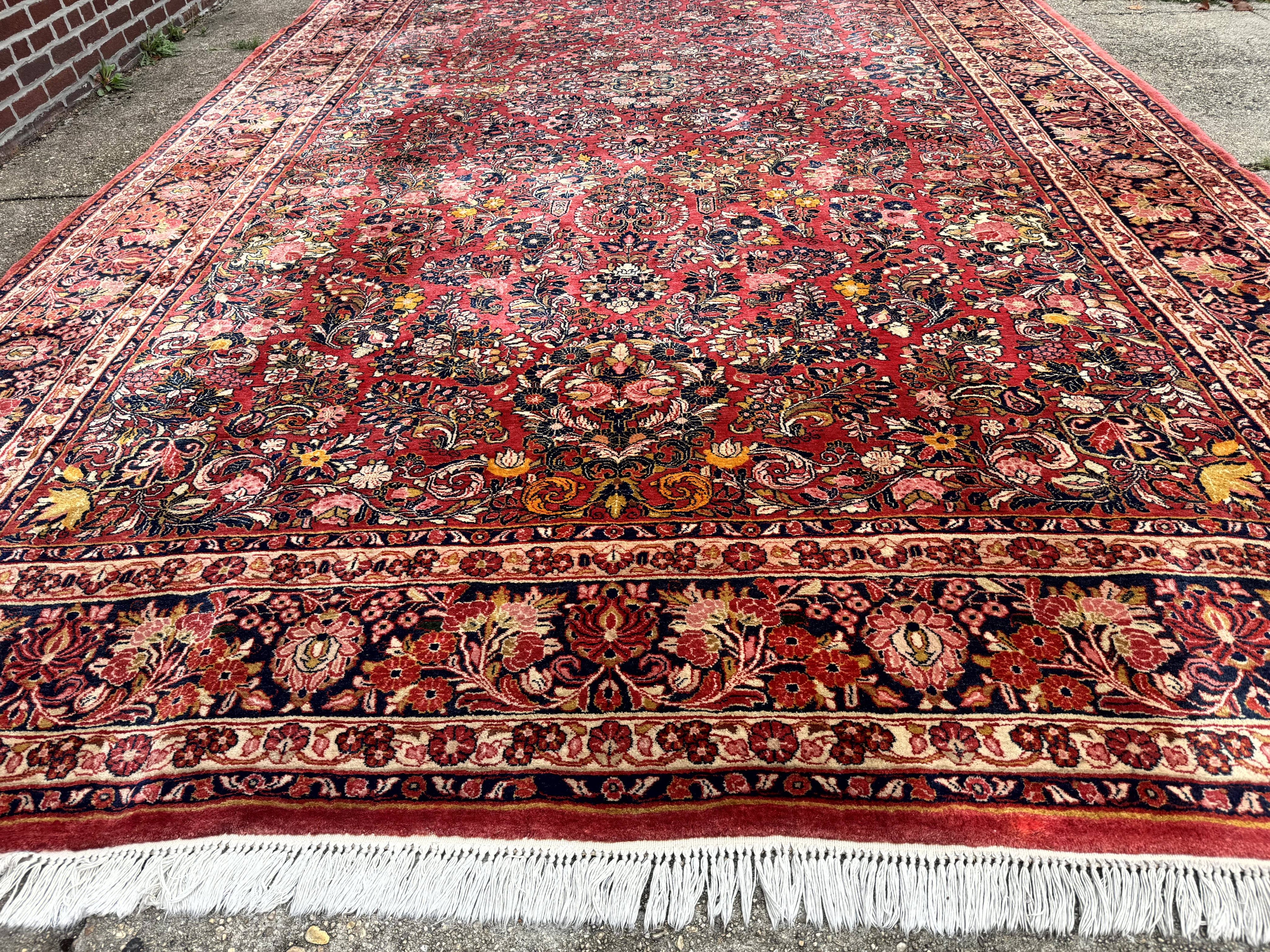 Large Antique Persian Sarouk Rug 11x18, Red, Floral Allover, Palace Size Wool Handmade Carpet