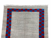 Gray Turkish Kilim Carpet 5' 7" x 7' 7", Medium Kilim Rug, Hand-Knotted, Blue & Red Border, Minimalistic Design, Geometric, Wool, New