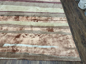 Modern Tibetan Rug 8x11 Nepali Carpet, Shiny Velvely Soft Wool and Silk, Contemporary Hand Knotted Rug, Striped Design, Wool Area Rug 8 x 11