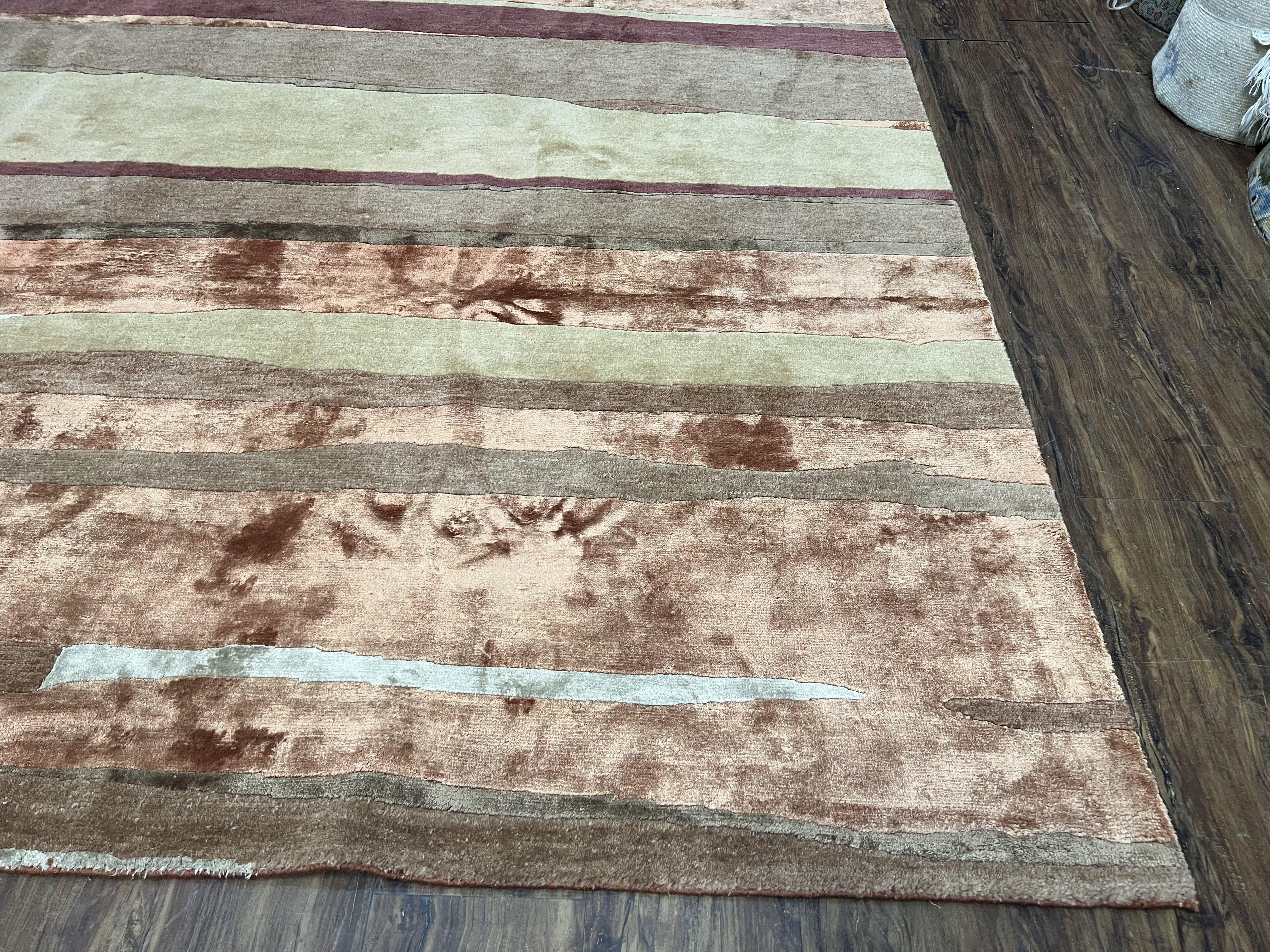 Modern Tibetan Rug 8x11 Nepali Carpet, Shiny Velvely Soft Wool and Silk, Contemporary Hand Knotted Rug, Striped Design, Wool Area Rug 8 x 11