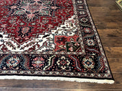 Indo Persian Heriz Rug 8x10, Geometric Medallion, Brick Red Ivory Navy Blue, Room Sized Heriz Carpet, Wool Rug