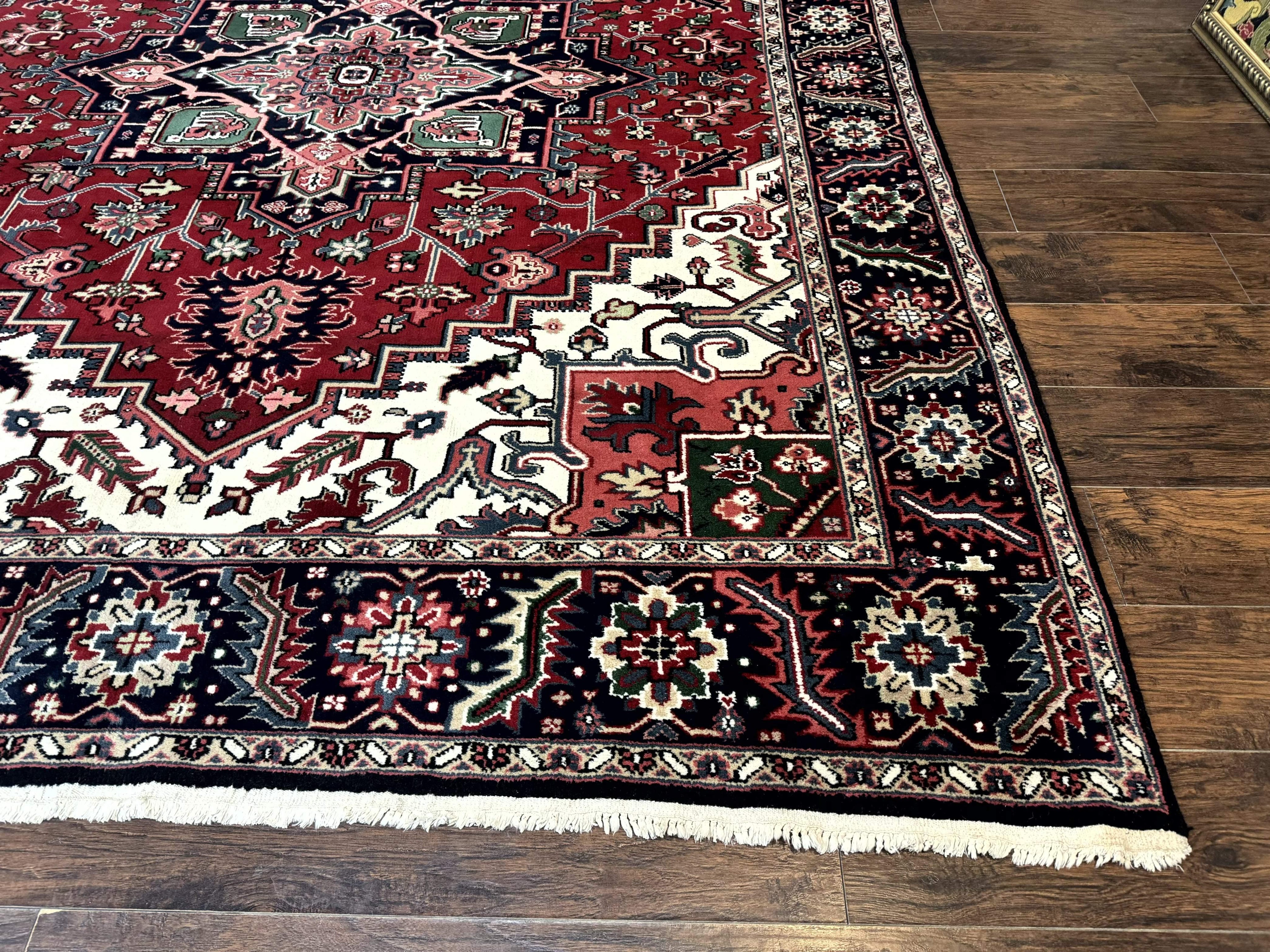 Indo Persian Heriz Rug 8x10, Geometric Medallion, Brick Red Ivory Navy Blue, Room Sized Heriz Carpet, Wool Rug