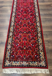 Indo Persian Sarouk Runner Rug 3 x 12, Red and Cream, Allover Pattern, 12ft Runner, Hand Knotted