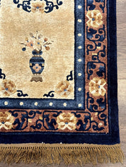 Silk Chinese Rug 2x4, Peking Carpet, Golden-Beige and Blue, Hand Knotted, Simple Design