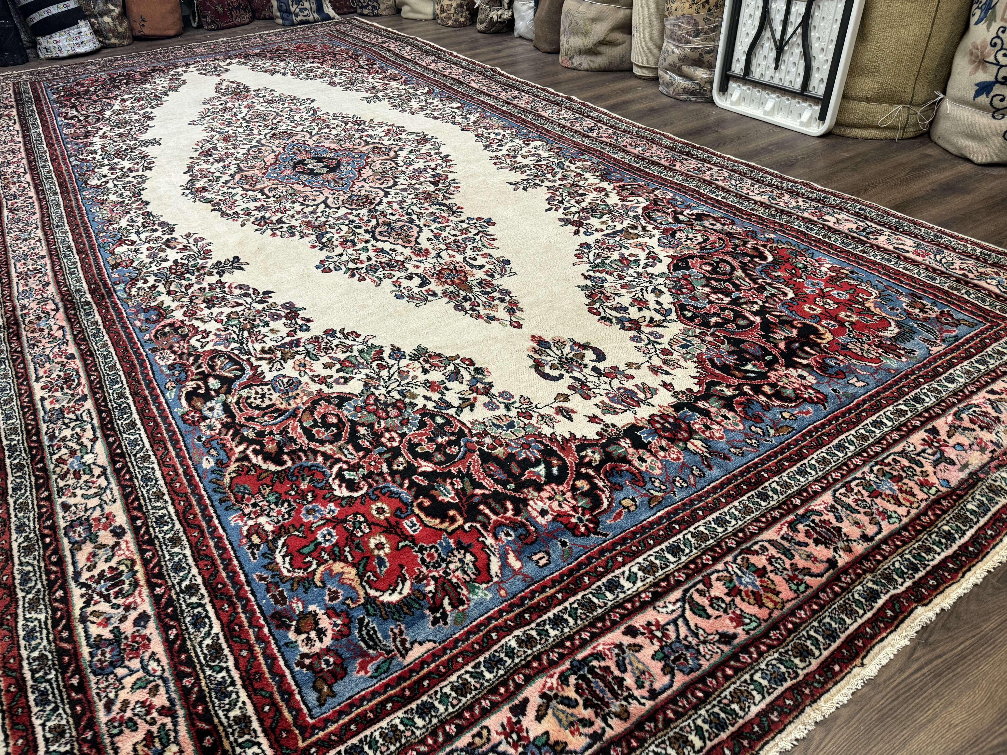 Palace Size Persian Rug 10 x 21 ft, Antique Hamadan Bibikabad Carpet, Handmade Antique Wool Oversized Rug, Ivory, Semi Open Field