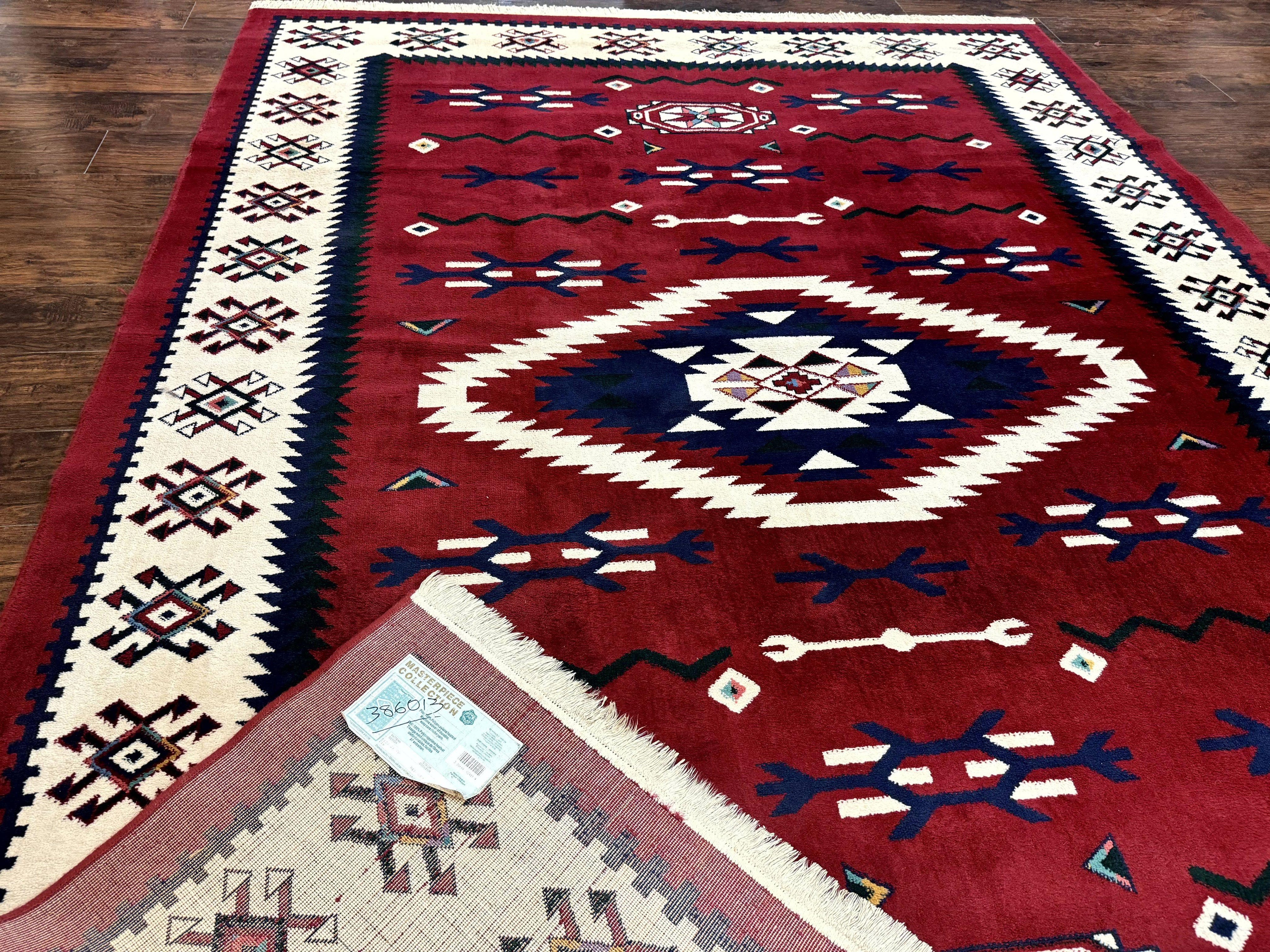 Belgium Power Loomed Rug 8x11, Navajo Native American Design, Dark Red and Ivory, Tribal Rug, Bohemian Carpet
