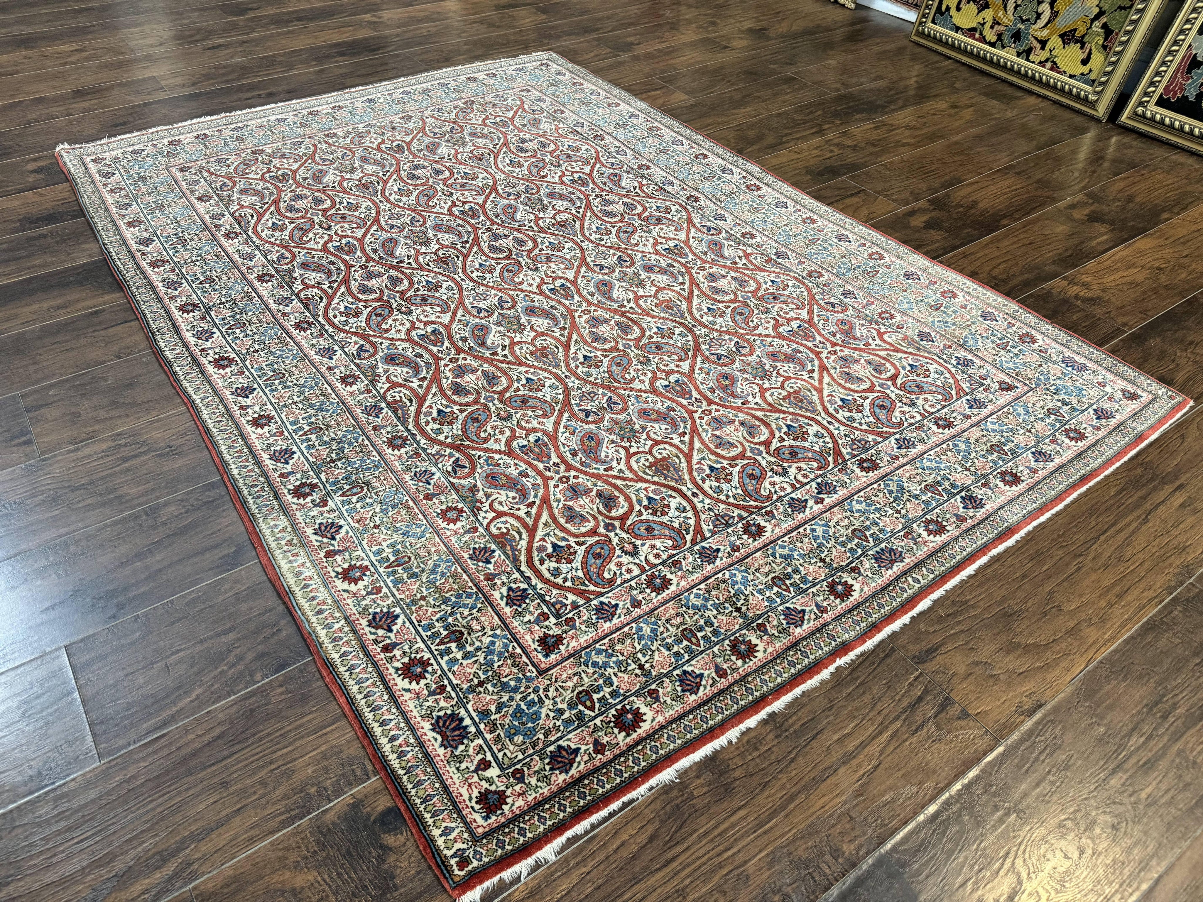 Unique Persian Qum Rug 5x7, Repeated Paisely Boteh Design, Ivory Red Blue, Handmade Antique Wool Persian Carpet, Finely Hand Knotted