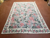 5x8 Needlepoint Rug 5' 4" x 8' 3" Wool Flat Weave Floral New Unused Carpet English Design Ivory Large Pink Flowers Green Leaves Hand-Knotted