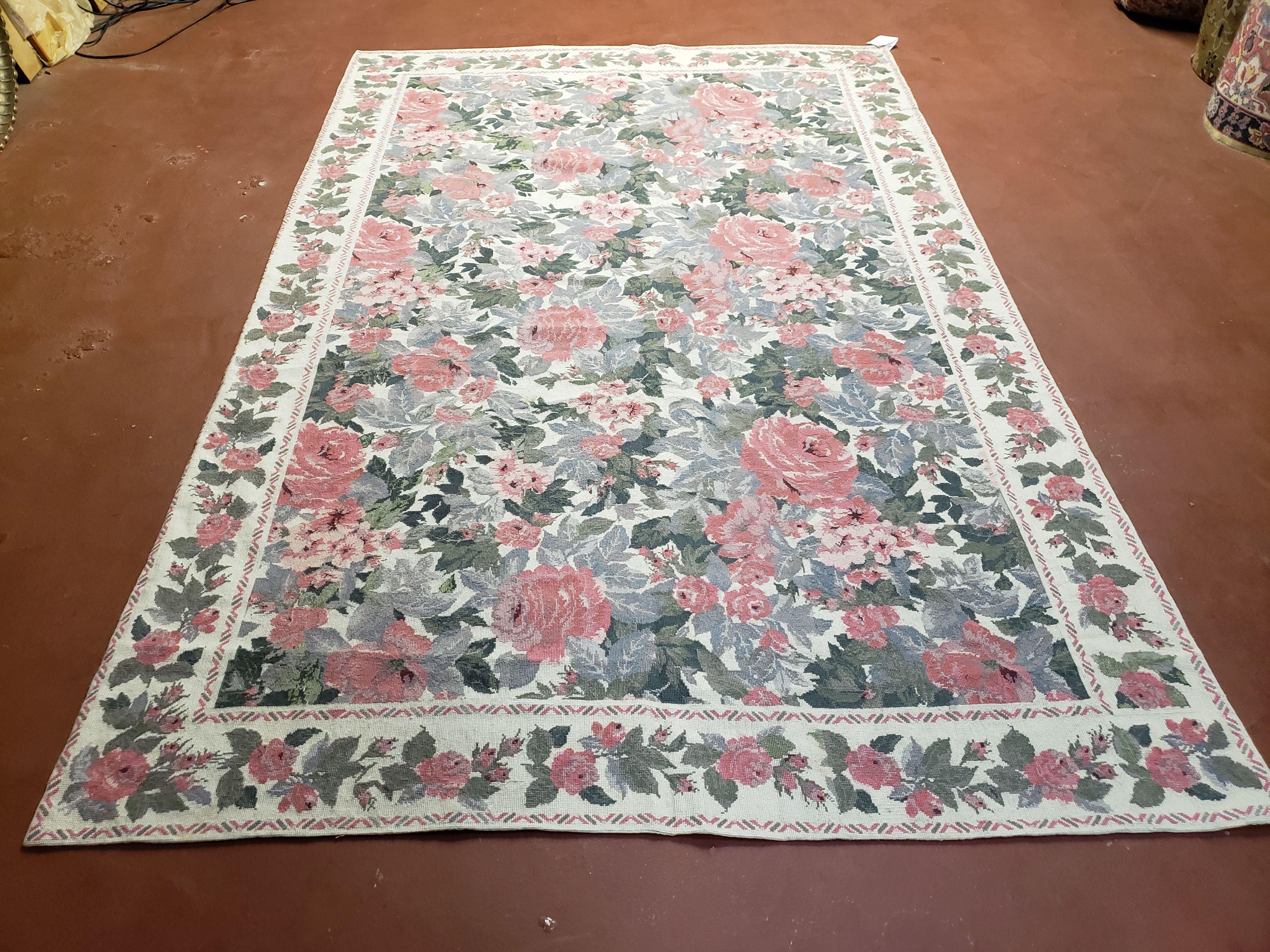 5x8 Needlepoint Rug 5' 4" x 8' 3" Wool Flat Weave Floral New Unused Carpet English Design Ivory Large Pink Flowers Green Leaves Hand-Knotted