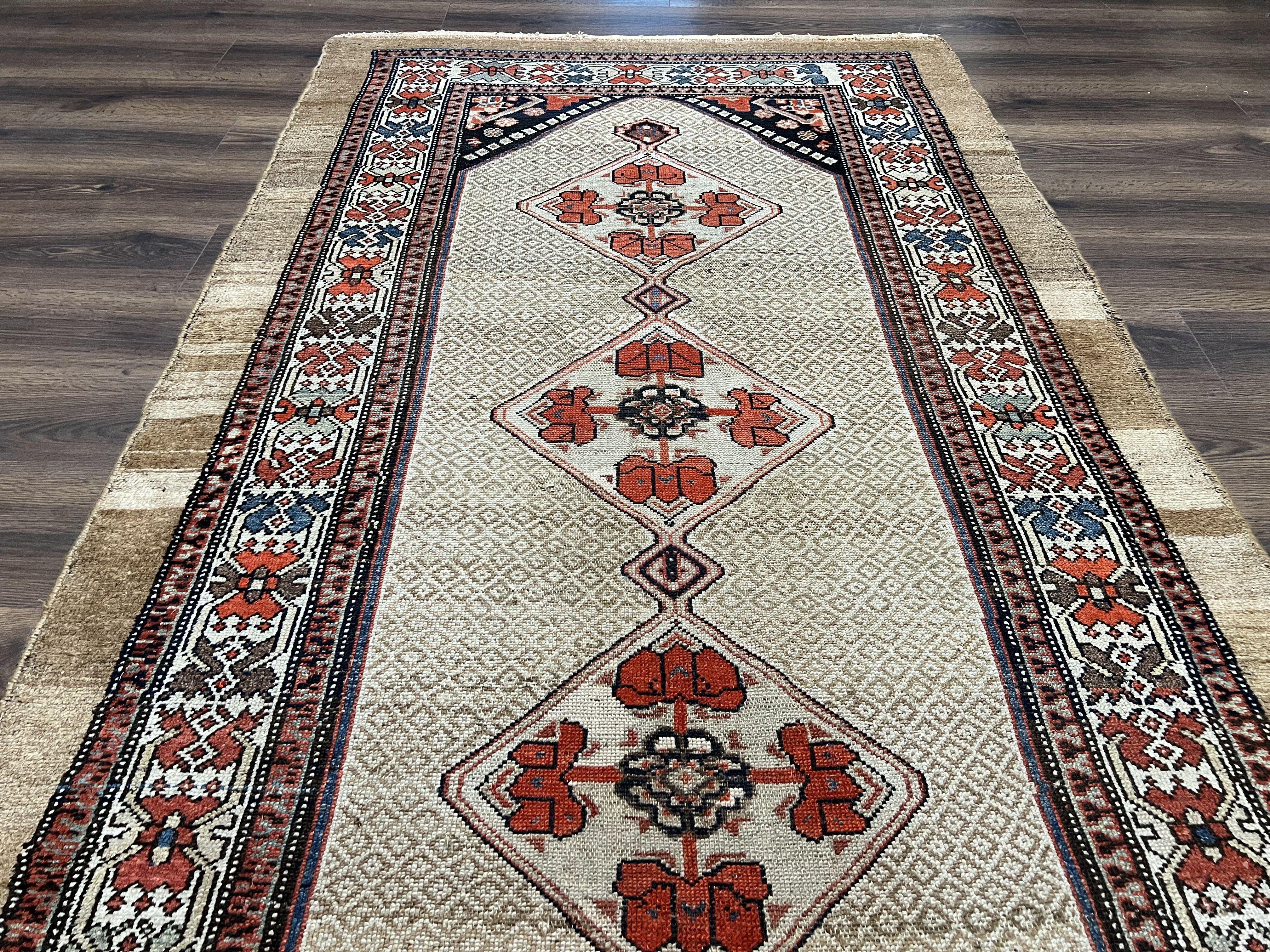 Rare Persian Sarab Tribal Runner Rug 4 x 10, Antique, Geometric Medallions, Camel Hair Runner
