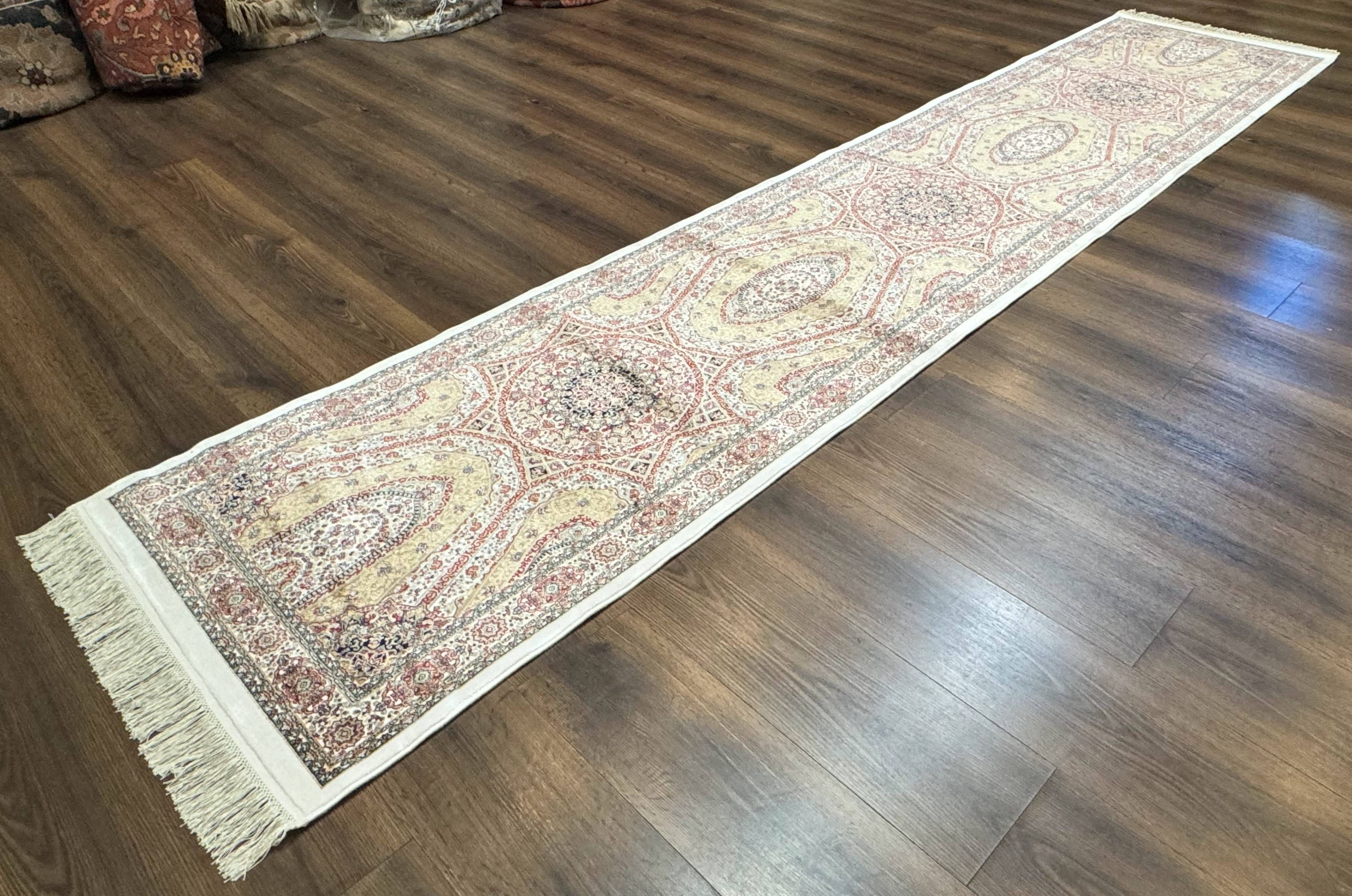 Turkish Silk Runner Rug 2.6 x 12, Hereke Mamluk Runner, Bamboo Silk, New