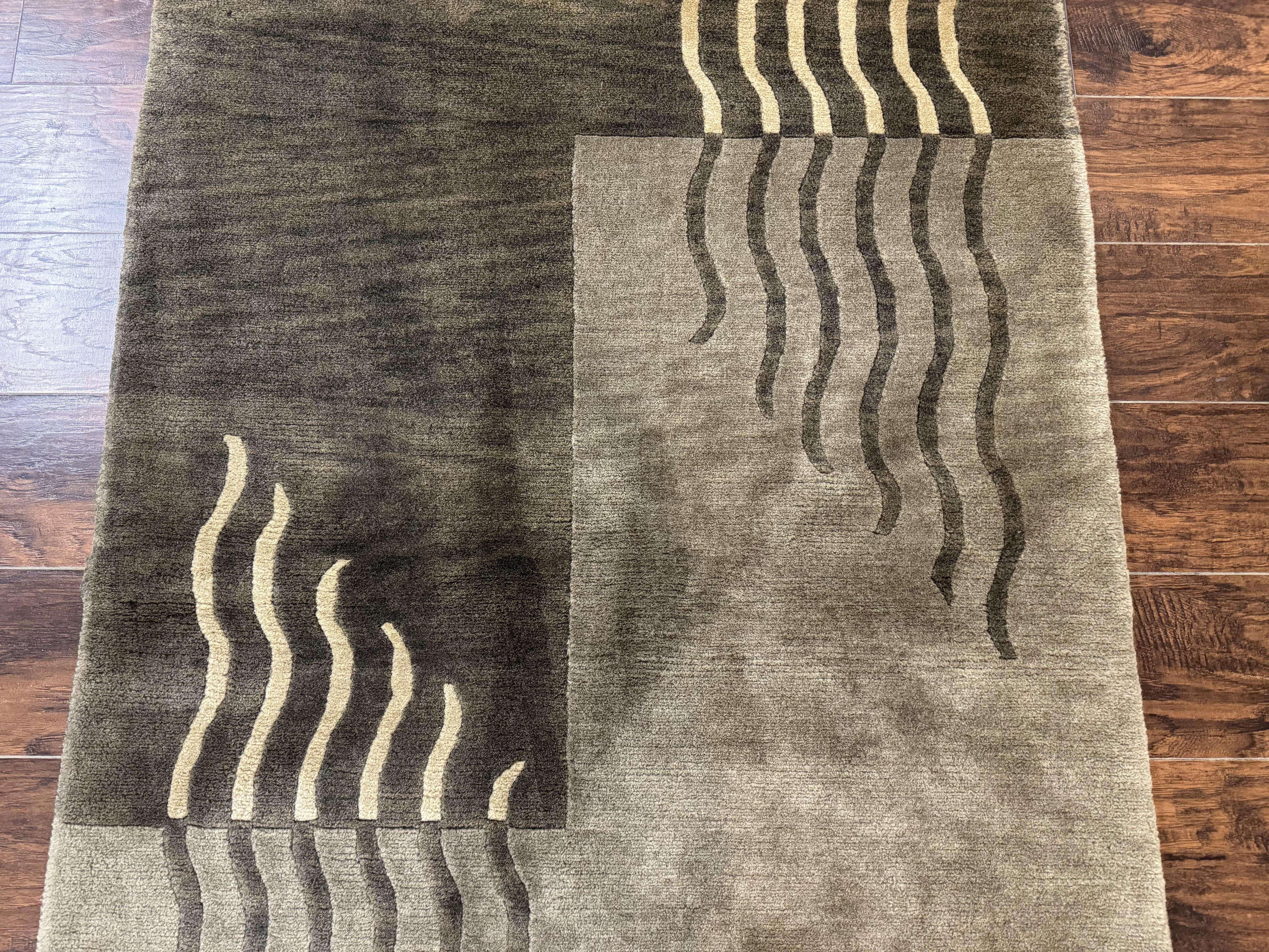 Modern Tibetan Wool Rug 3.6 x 5.6, Shades of Green, Abstract Design