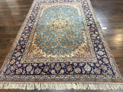 Light Blue Persian Isfahan Rug 5x8, Floral Medallion, Wool on Silk Foundation, Very Fine 530 KPSI, Handmade Carpet