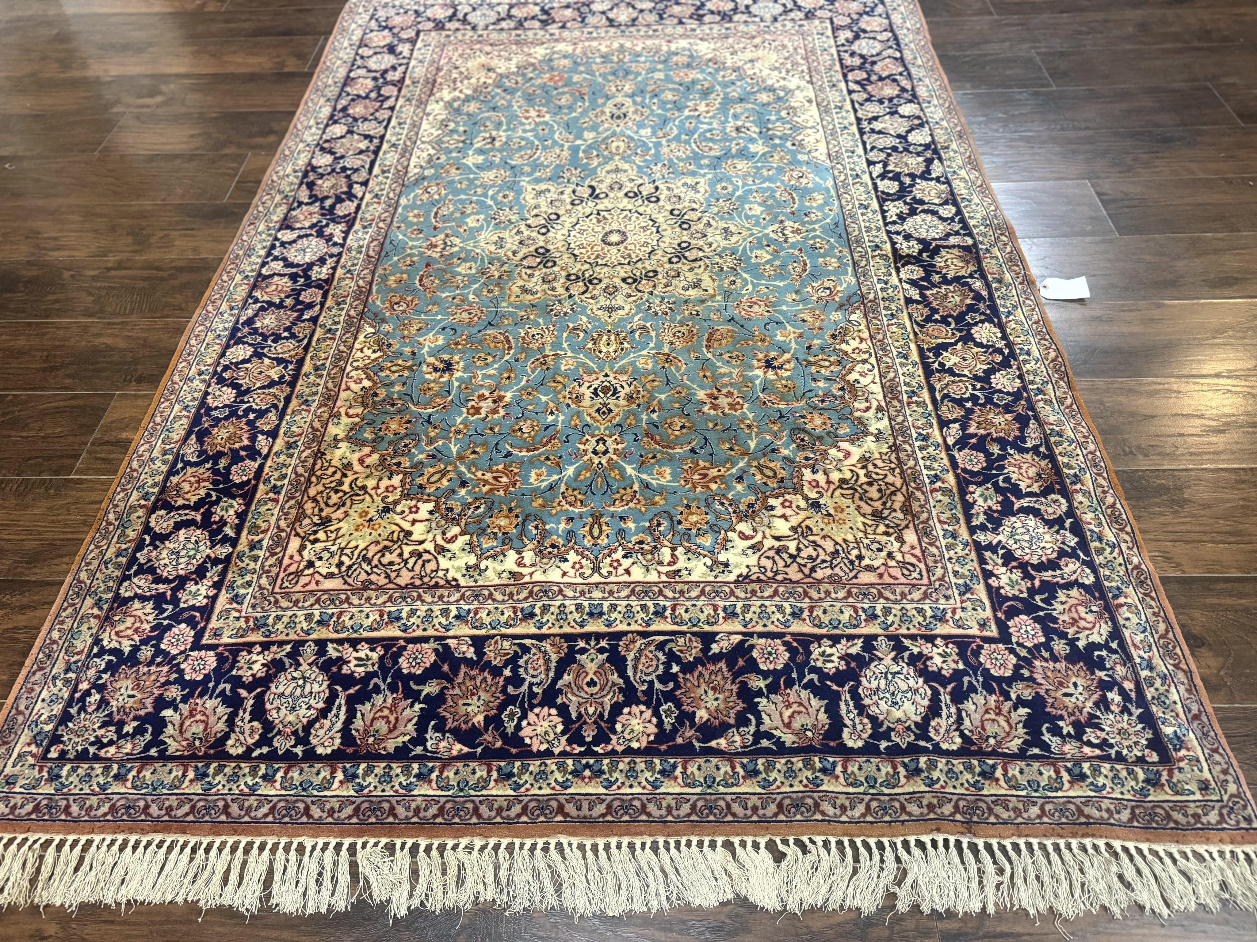 Light Blue Persian Isfahan Rug 5x8, Floral Medallion, Wool on Silk Foundation, Very Fine 530 KPSI, Handmade Carpet