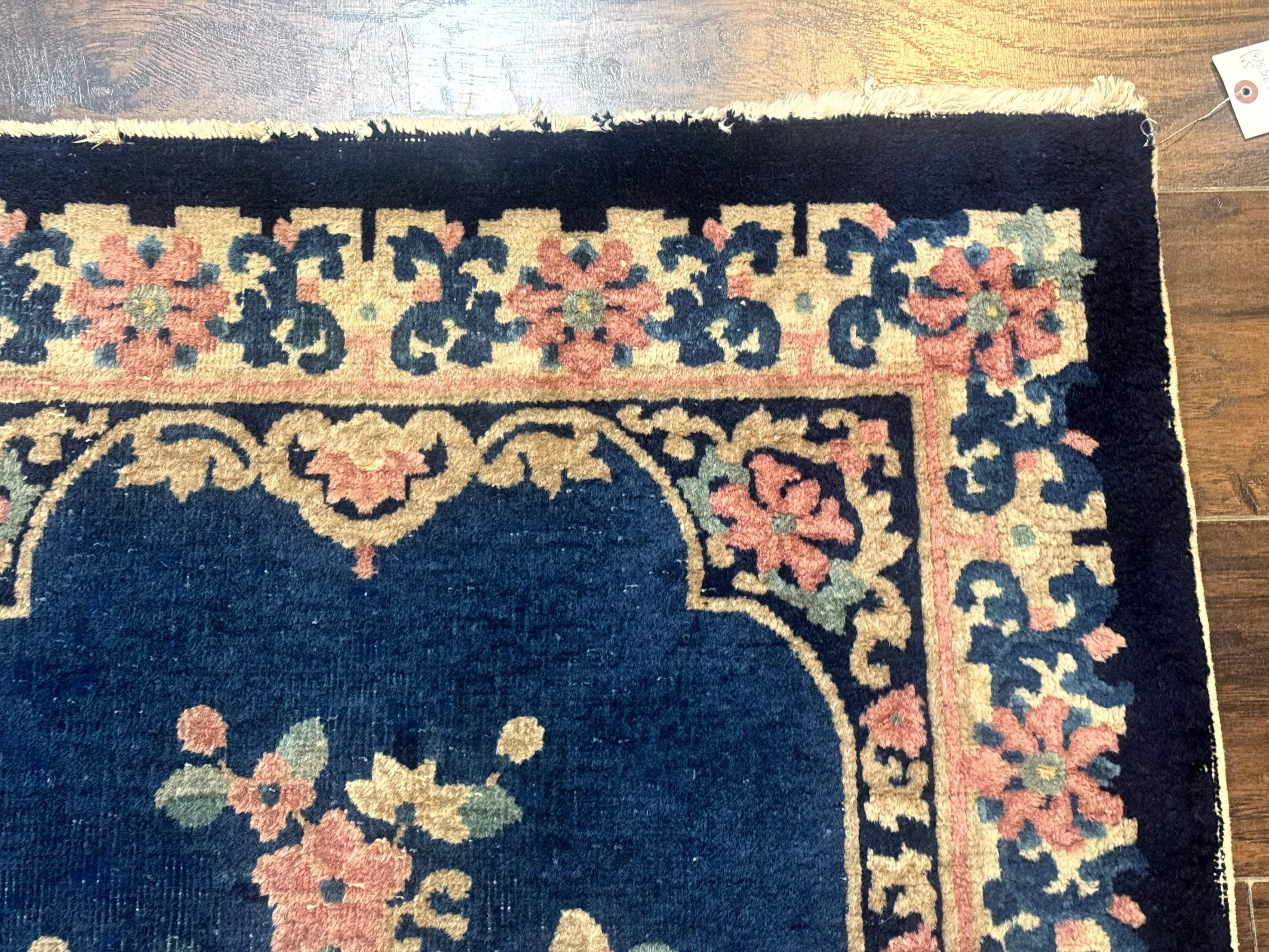 Blue and Beige Chinese Wool Rug 3x6, Chinese Fete Rug, Peking Rug, Antique Chinese Carpet