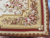 Aubusson Rug 9x12, Elegant Flatweave Savonnerie Carpet 9 x 12 ft, Ivory Light Yellow Red, Handmade Wool Flatweave French European Rug