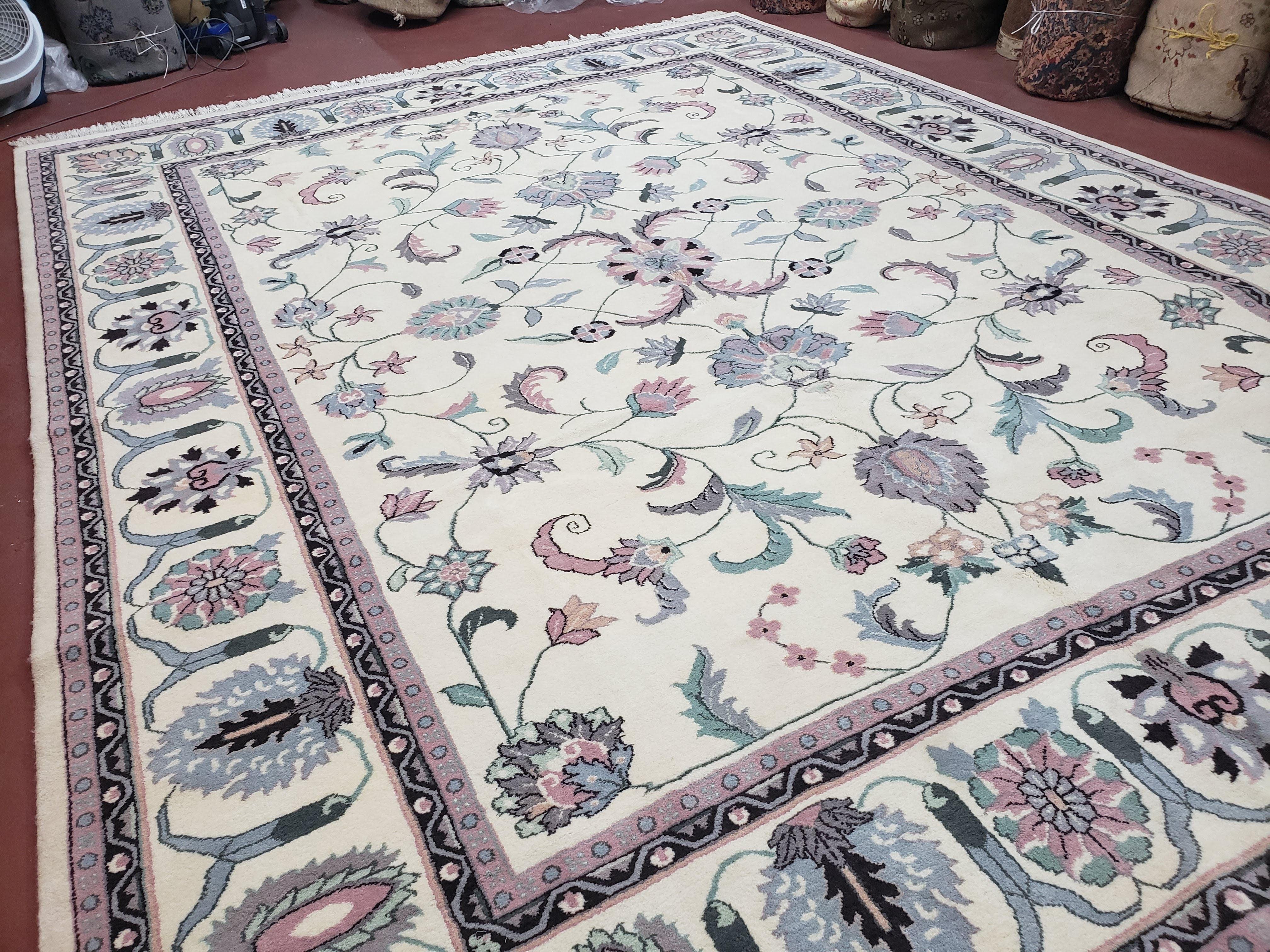 Ivory & Teal Indo Persian Area Rug 9x12, Wool Hand-Knotted Oriental Carpet, 9 x 12 Soft Traditional Living Room Rug, Dining Room Rug