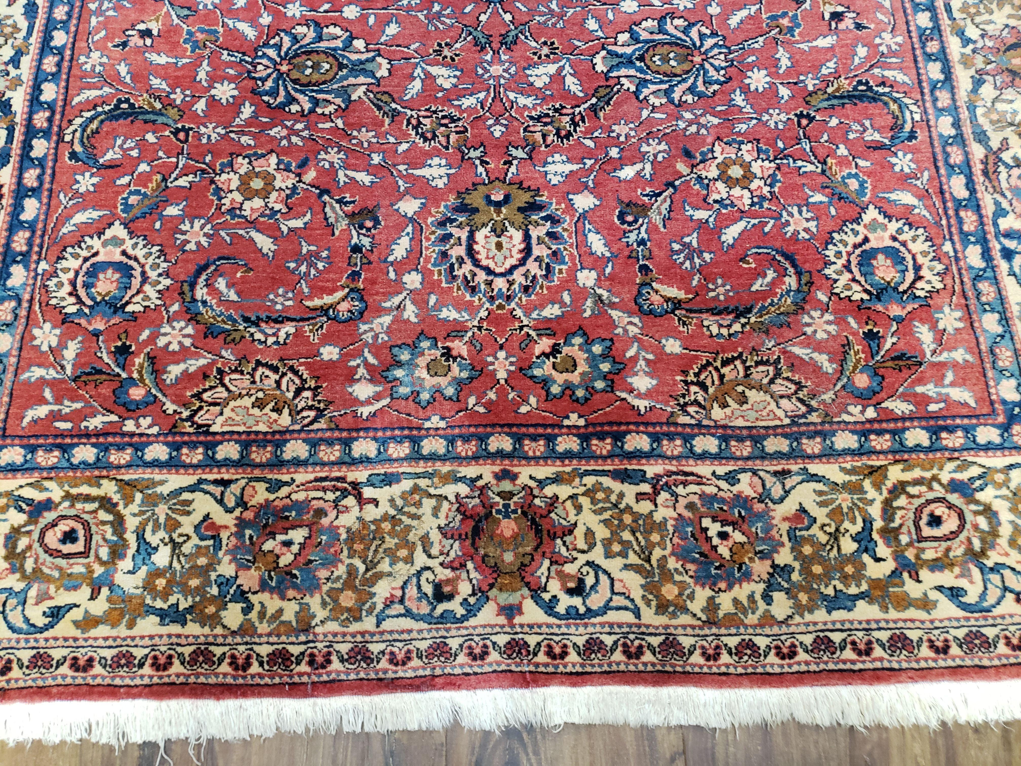 Semi Antique Persian Kashan Rug, Red & Beige, Hand-Knotted, Wool, 4'7" x 6' 6", Pair B