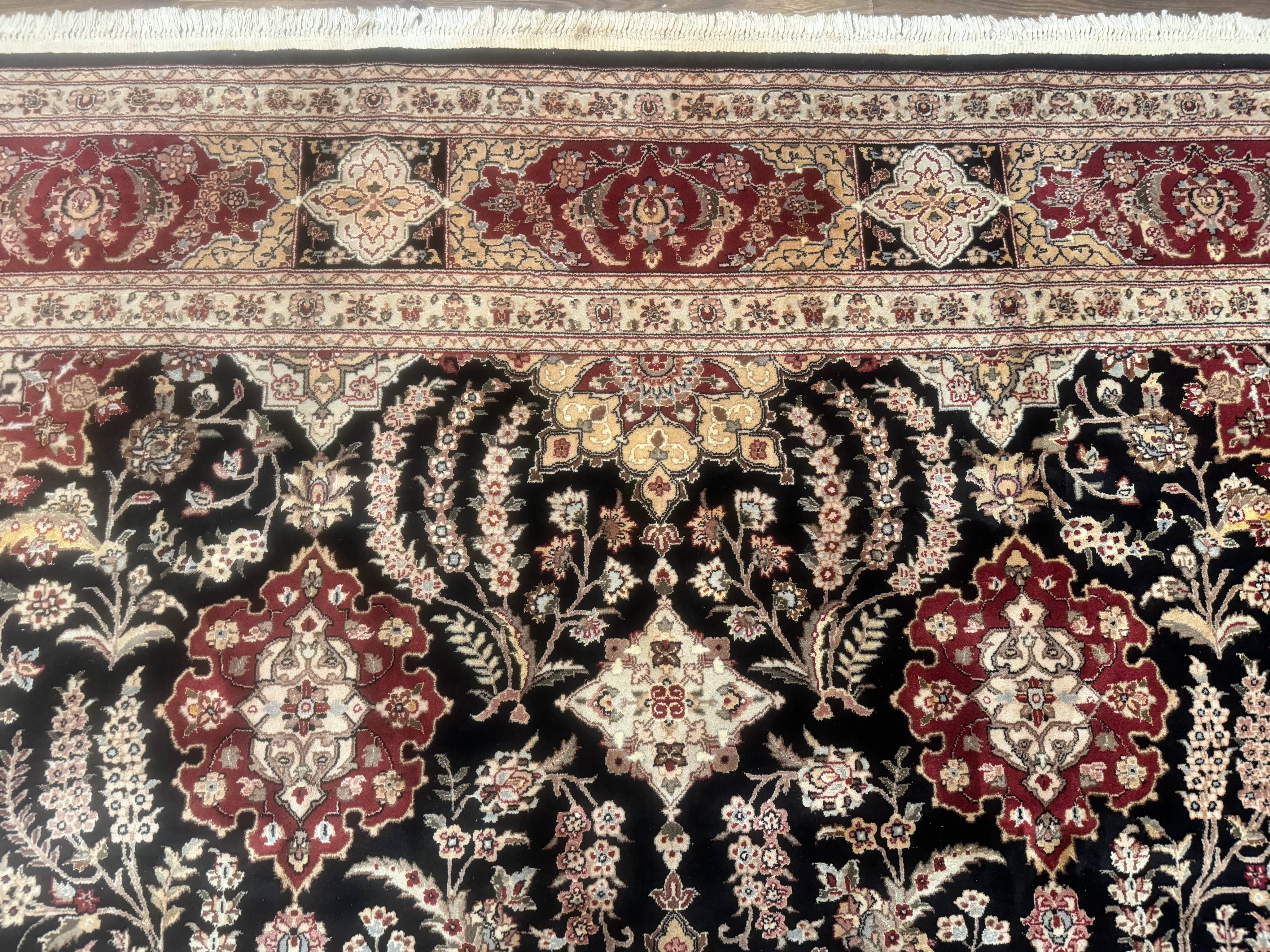 Sino Persian Rug 9x12, Black & Maroon, Wool and Silk, Allover Pattern