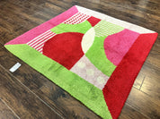 European Shag Rug 4.8 x 4.8, Modern Abstract Design, Green Pink Red, Square Shag Rug, Unique