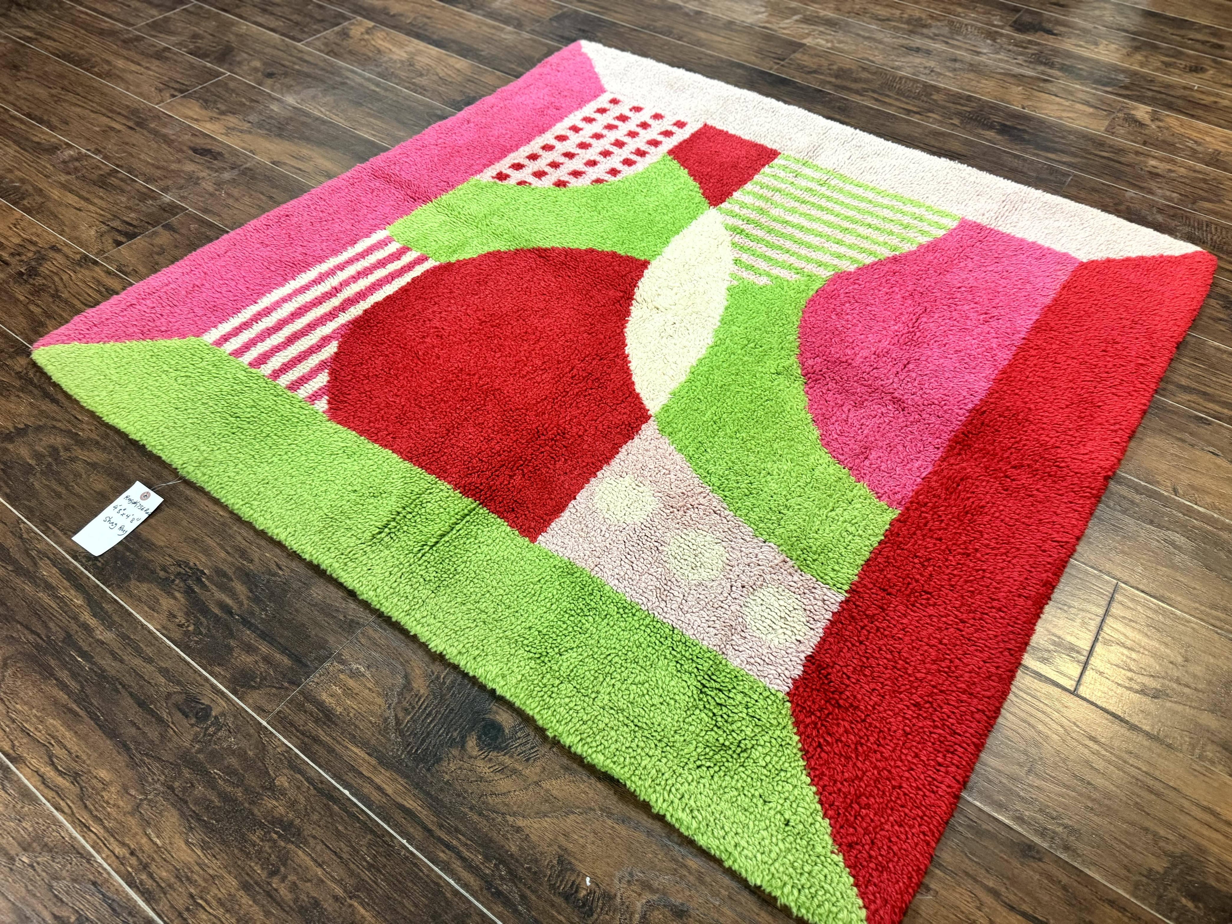 European Shag Rug 4.8 x 4.8, Modern Abstract Design, Green Pink Red, Square Shag Rug, Unique