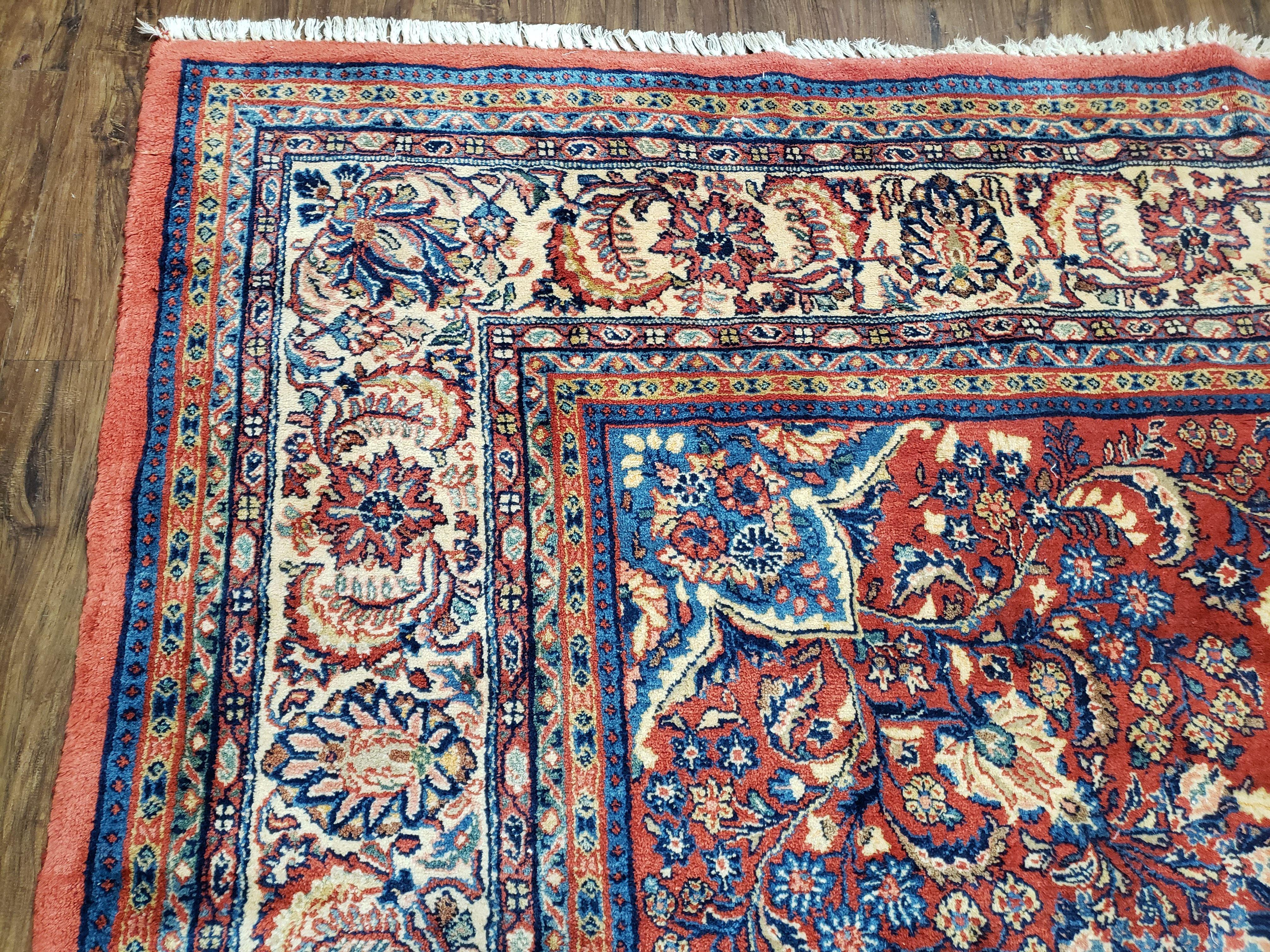 Semi Antique Persian Sarouk Rug 9x12,  Semi Open Field with Central Medallion, Hand Knotted Wool, Tomato Red, 9 x 12 Authentic Oriental Carpet