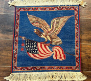 Pictorial Rug of American Flag with Bald Eagle, Small Indo Persian Pictorial Rug, Blue, Handmade, Very Fine 330 KPSI