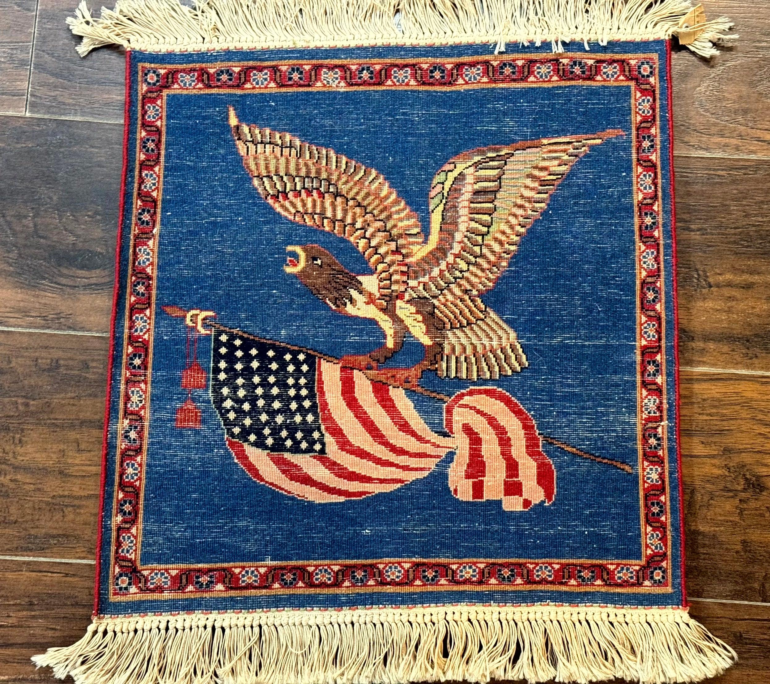 Pictorial Rug of American Flag with Bald Eagle, Small Indo Persian Pictorial Rug, Blue, Handmade, Very Fine 330 KPSI