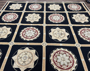 Large Needlepoint Rug 10x13, Panel Design, Black and Beige, Wool Needlepoint Carpet 10 x 13, English Garden, Handwoven Area Rug, Living Room