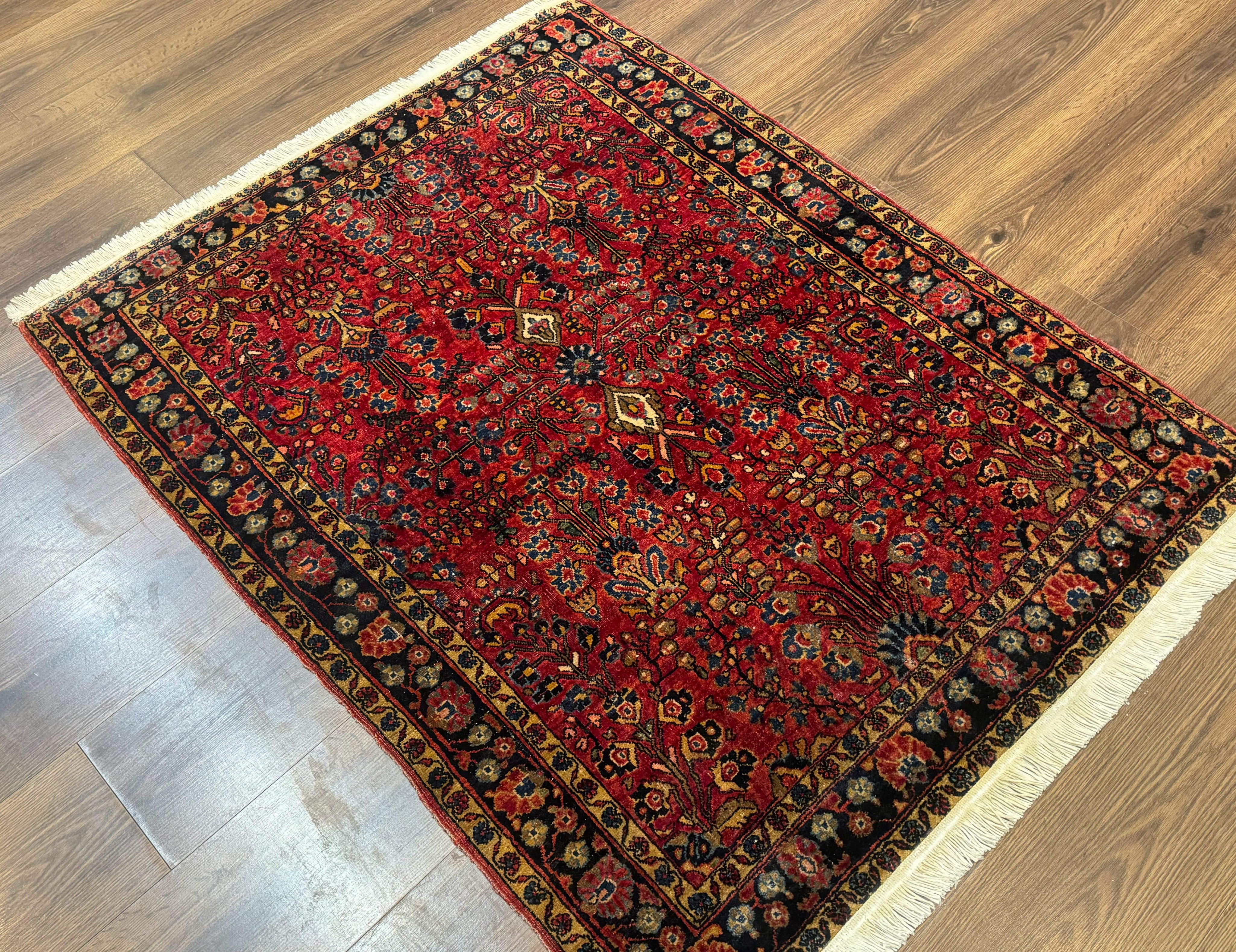 Antique Persian Sarouk Rug 3x4, Red, Floral, 1920s Wool Rug