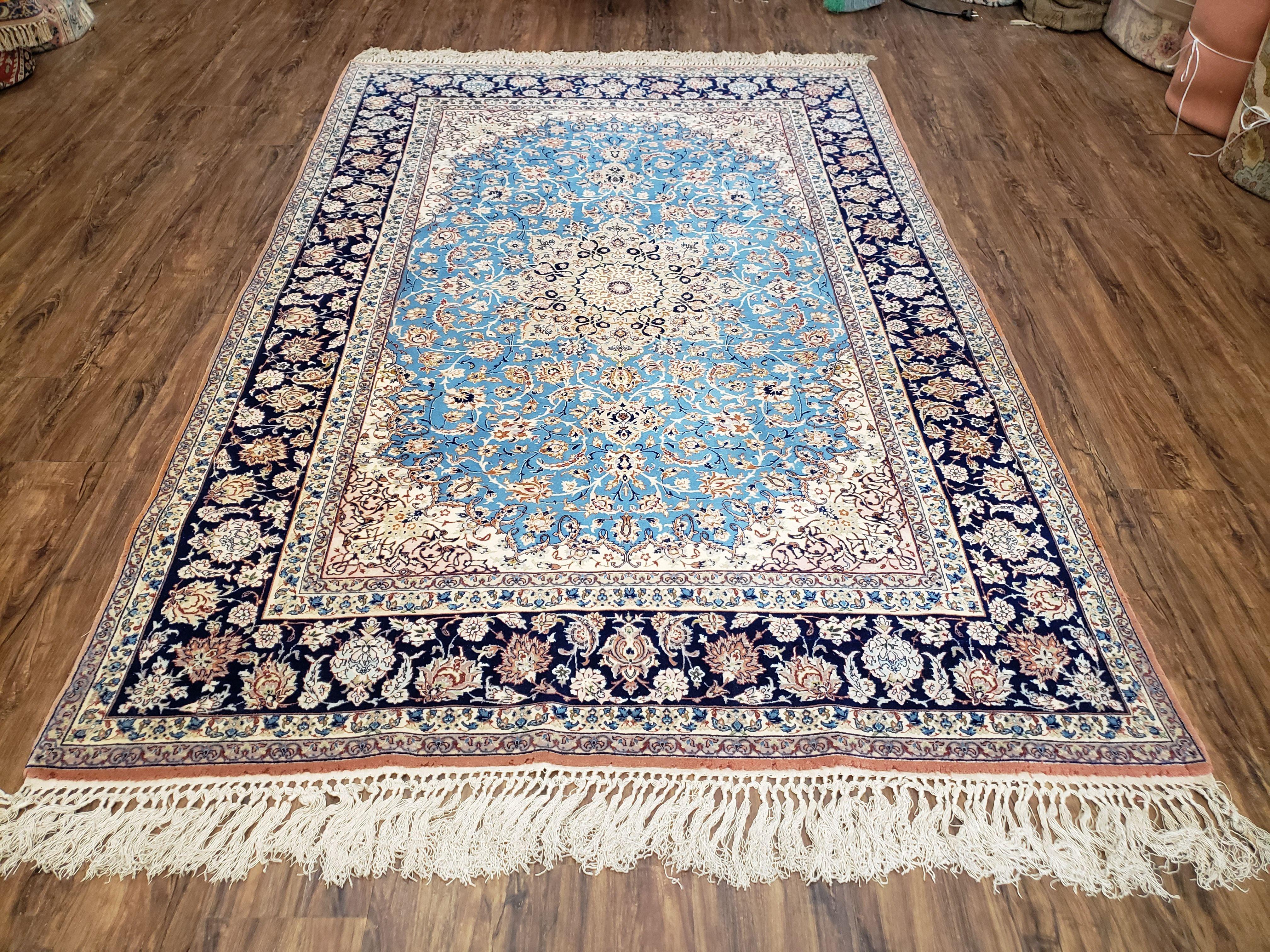 Persian Isfahan Rug, Kork Wool on Silk Foundation, Sky Blue, Hand-Knotted, 5' 1" x 7' 8"