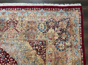 Persian Rug 9x12, Kirman DeLuxe, Millefleur Floral Medallion Carpet, Maroon Light Blue Beige, Semi Antique Authentic Hand Knotted Wool Rug