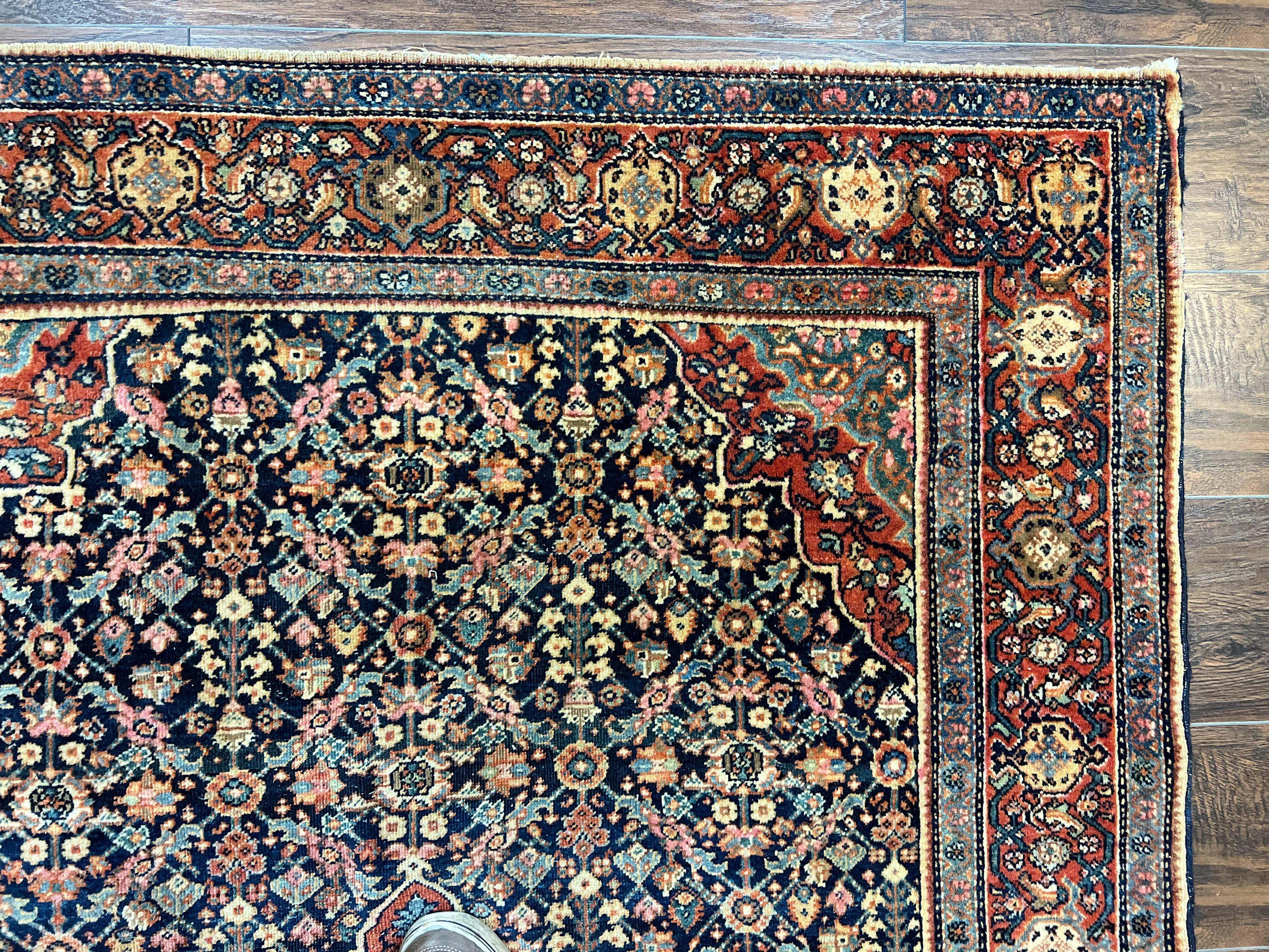 Persian Rug 4x7 Antique Sarouk Farahan Carpet, Navy Blue and Red Wool Rug