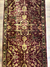 Indo Persian Runner Rug 2.7 x 13.8, Maroon, Wool, Handmade Indian Rug for Hallway