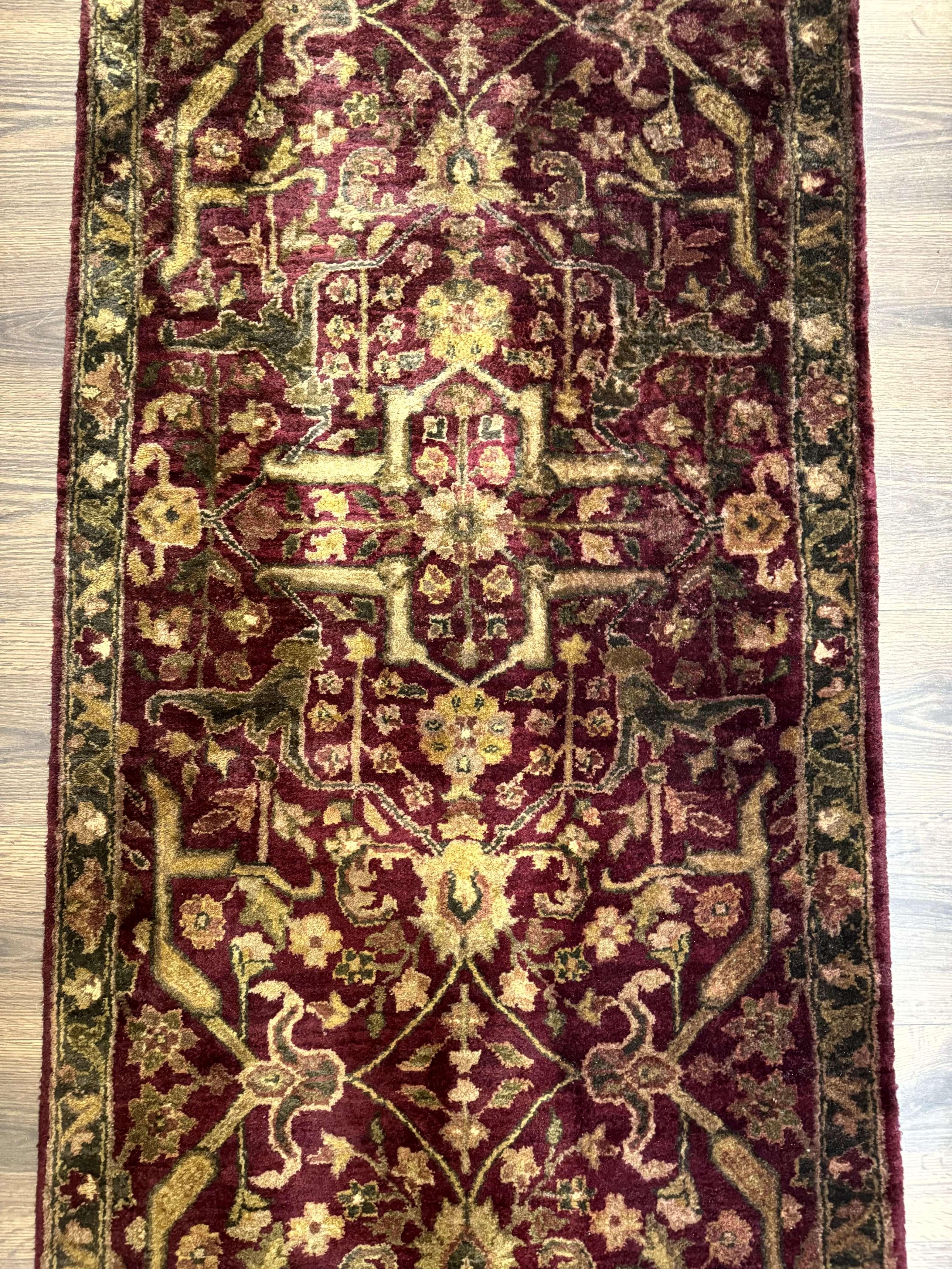 Indo Persian Runner Rug 2.7 x 13.8, Maroon, Wool, Handmade Indian Rug for Hallway