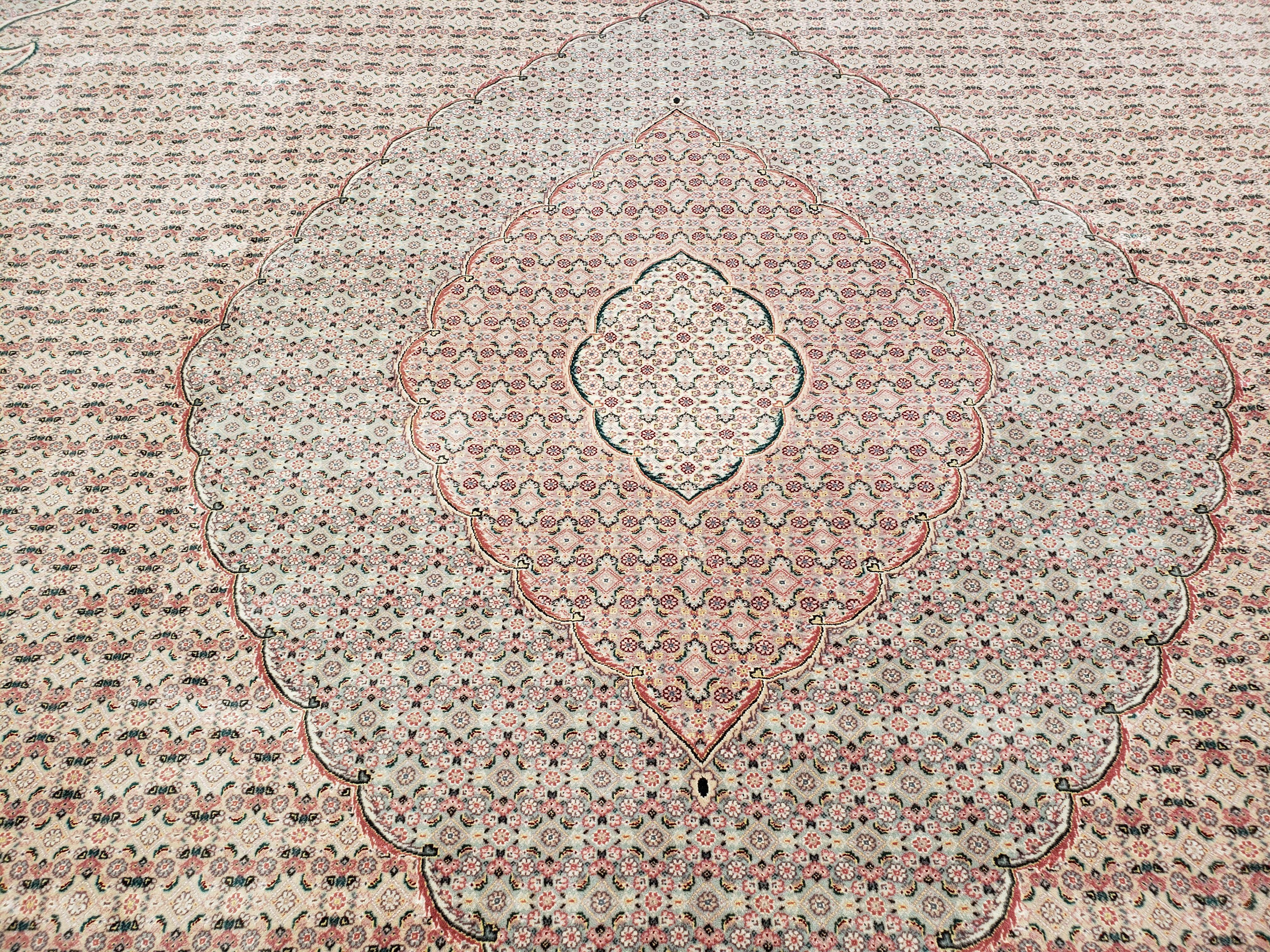 Stunning Oversized Sino Persian Oriental Rug 12x15, Hand Knotted Wool & Silk Palace Sized Carpet, Mahi Pattern, Very Fine, Peach Beige, Wow