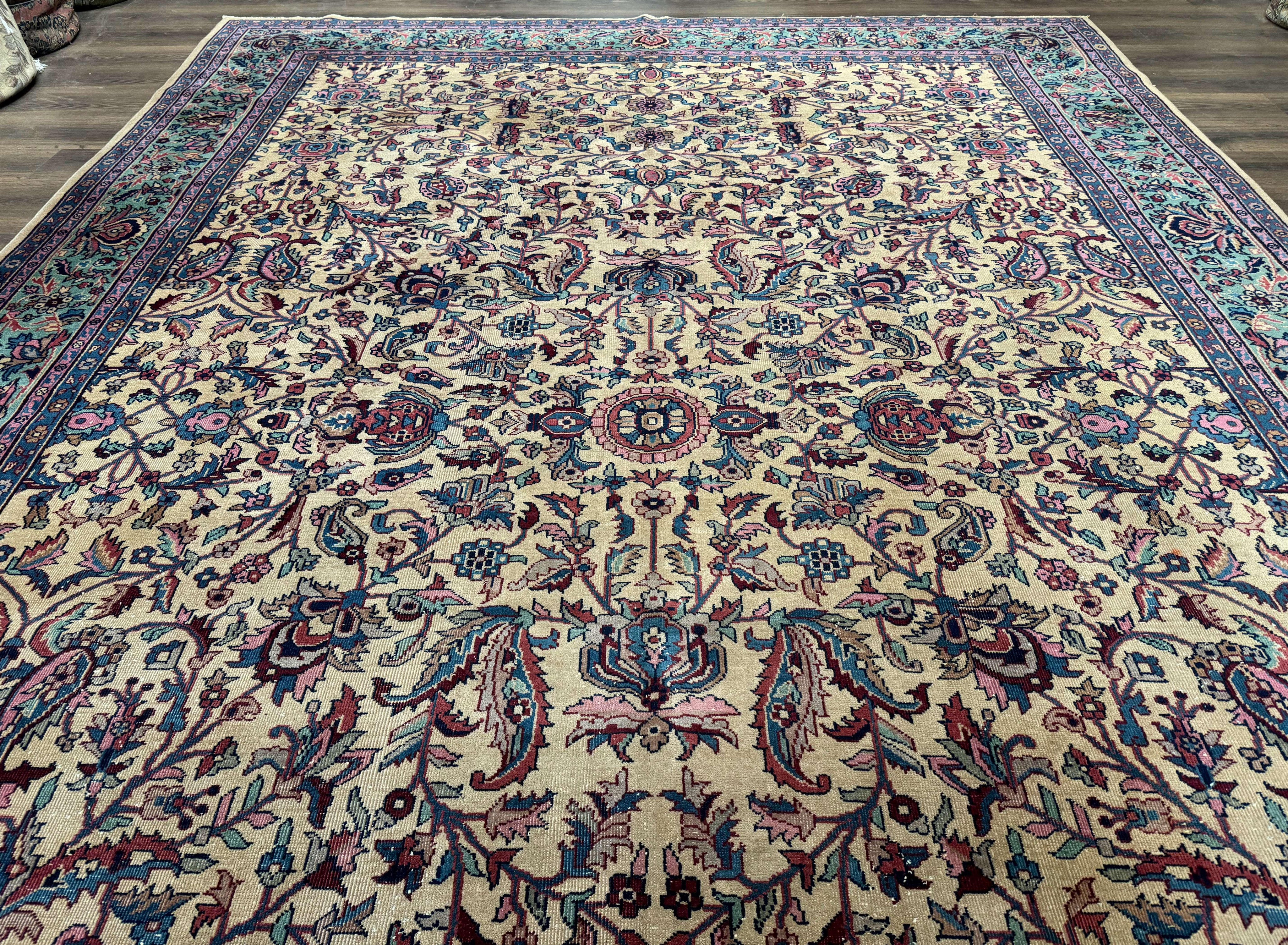 Antique Persian Rug 10x15, Camel and Cyan, Allover Pattern, Rare, Samarkand Rug
