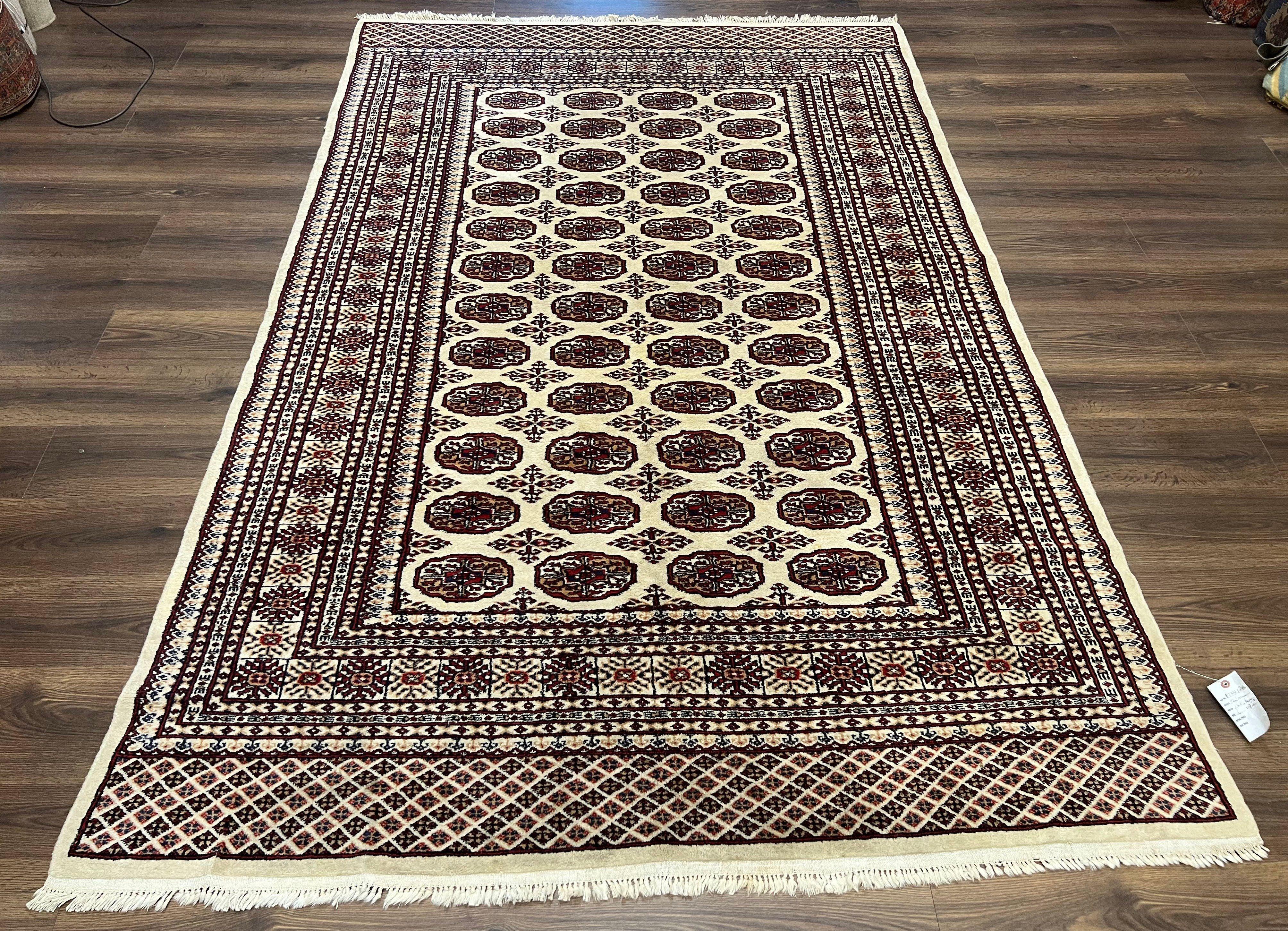 Pakistani Turkoman Rug 6x9, Cream and Red Hand Knotted Wool Oriental Carpet, Yamud Rug, Tribal Rug 6 x 9, Bohemian Area Rug, Bokhara Rug